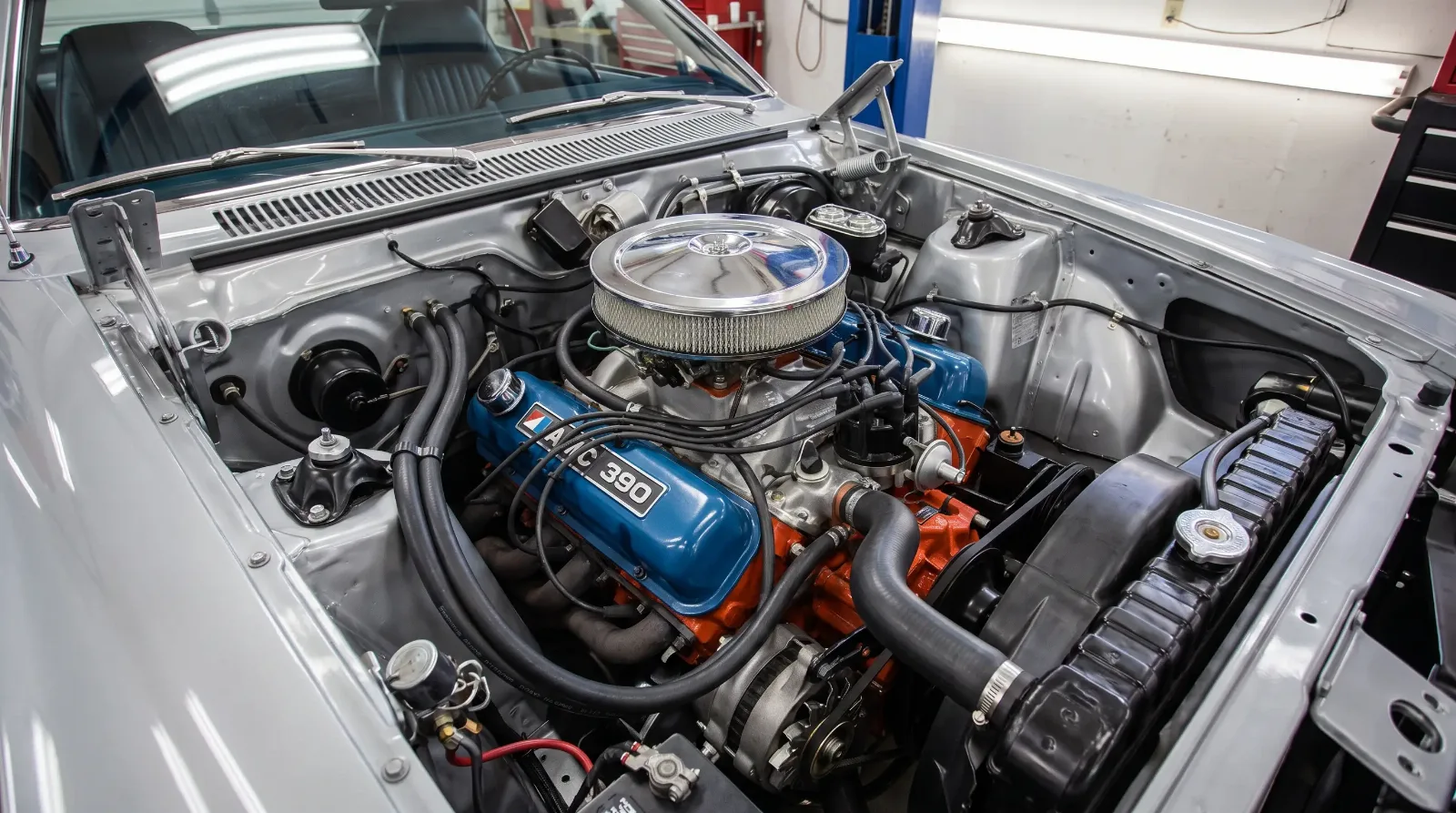 AMC 390 V8 engine bay in an AMX