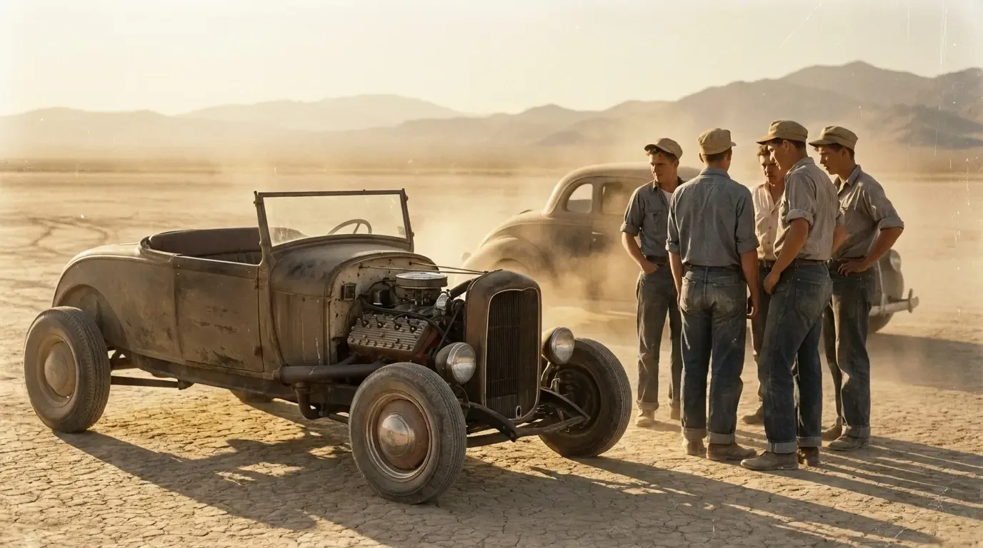 A stripped early Ford roadster hot rod with an exposed flathead V8 at a 1940s-50s dry-lakes gathering, warm archival tone