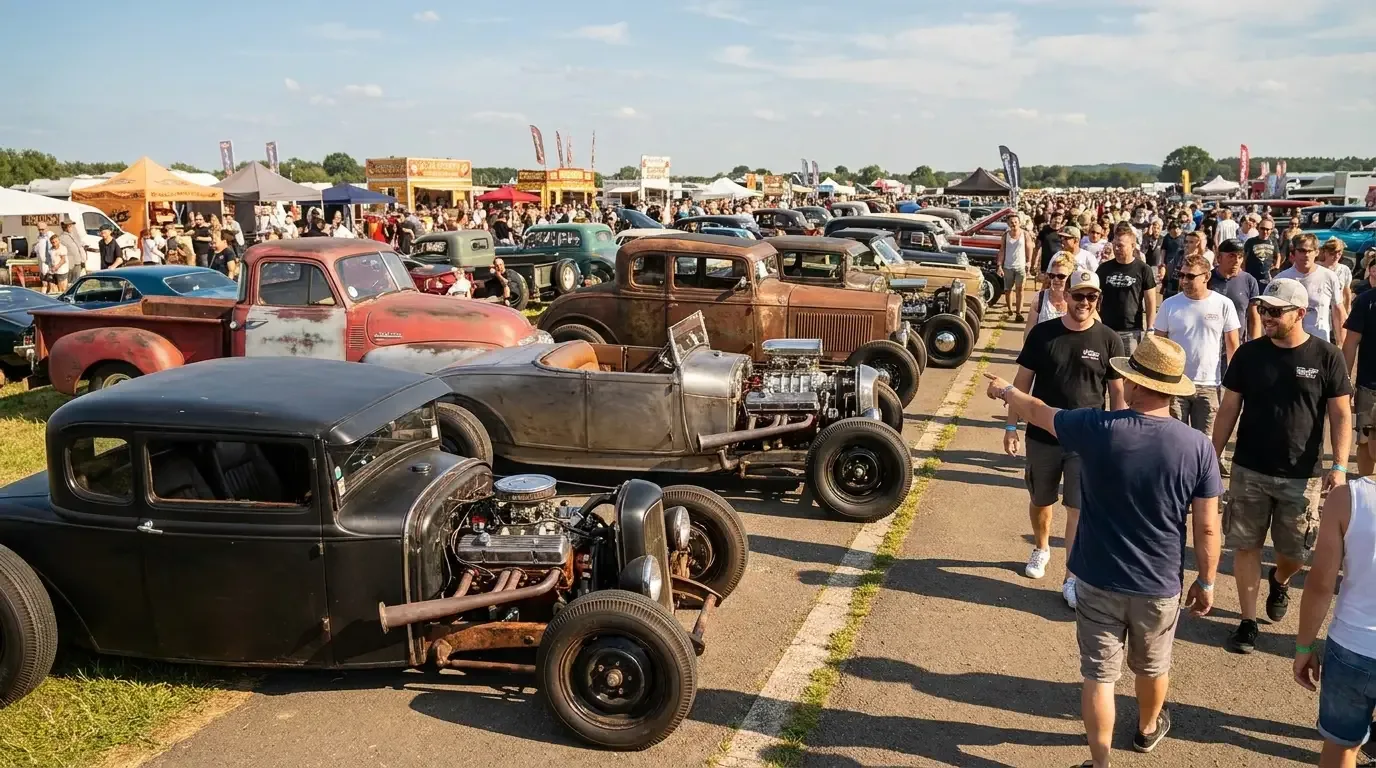 A row of varied rat rods lined up along the aisle at a lively outdoor car show as a crowd walks between them on a sunny day