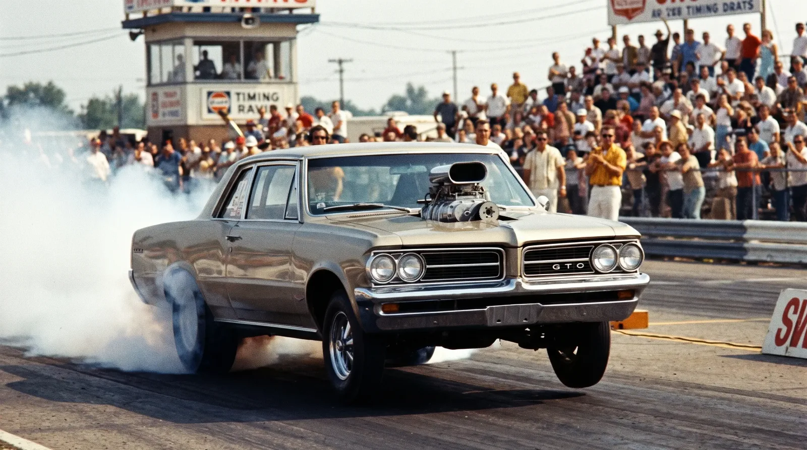 1964 supercharged GTO launching at drag strip