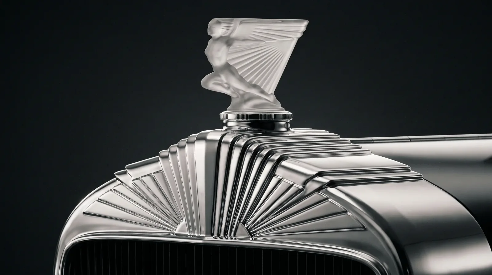 Art Deco radiator shell and glass hood ornament detail