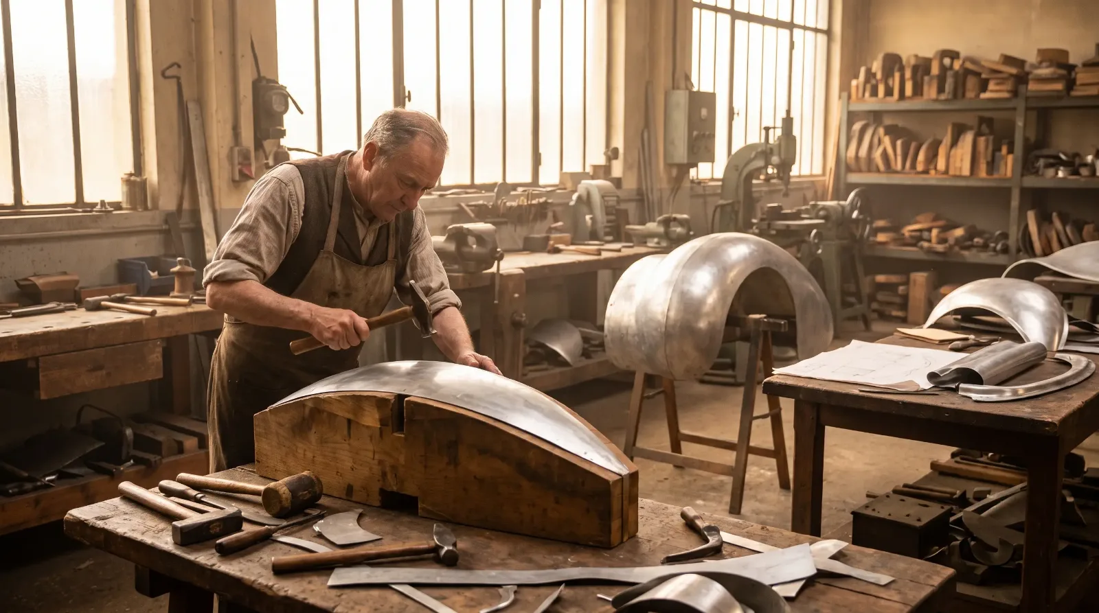 Craftsman hand-hammering an aluminum teardrop body panel