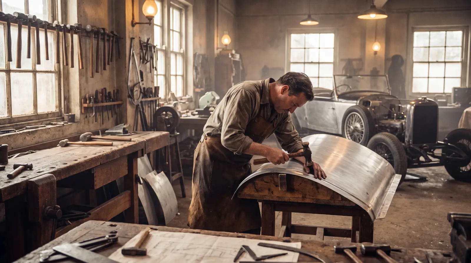 1930s workshop - craftsman shaping an aluminum coachbuilt panel