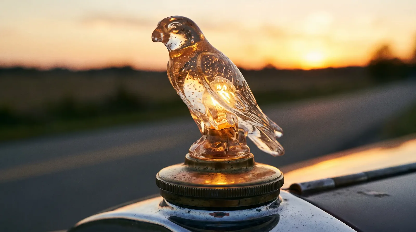 1930s glass falcon ornament glowing amber at dusk