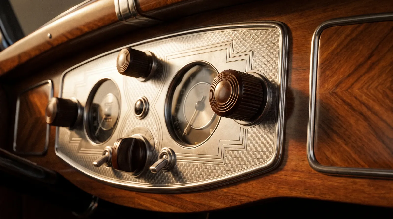 Art Deco dashboard with engine-turned metal and Bakelite knobs