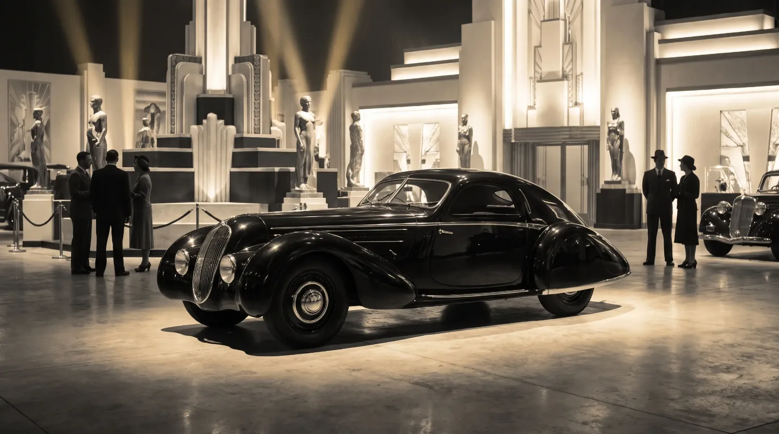 1933 World's Fair streamlined show car under spotlights
