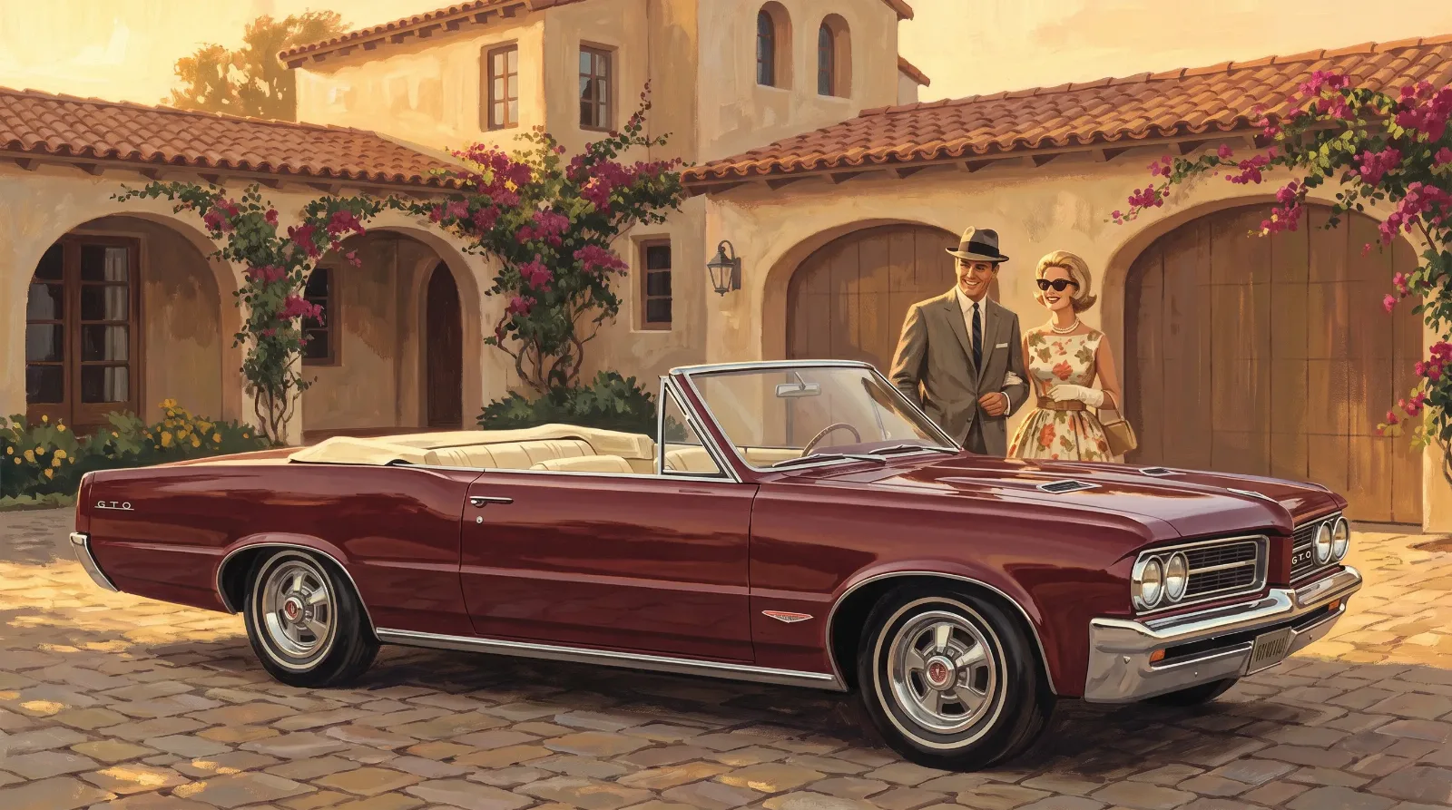 Stylized GTO brochure art villa scene