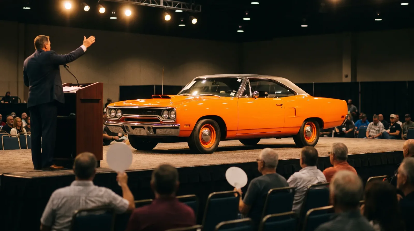 Orange 1970 Plymouth Road Runner on an auction stage as bidders raise paddles