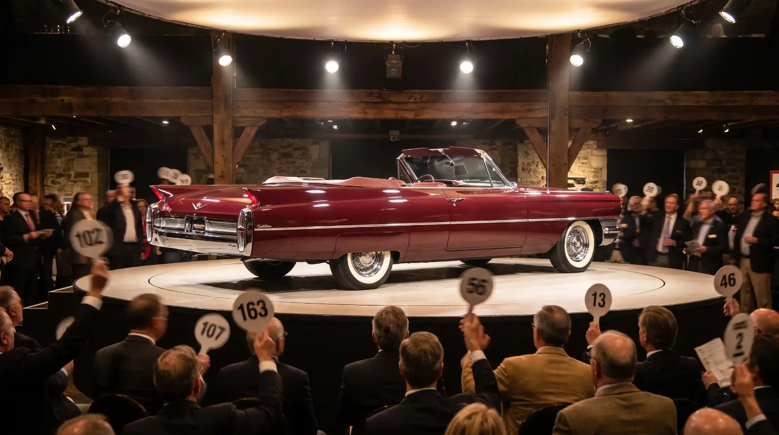 1960s Cadillac convertible on a collector-car auction stage under spotlights