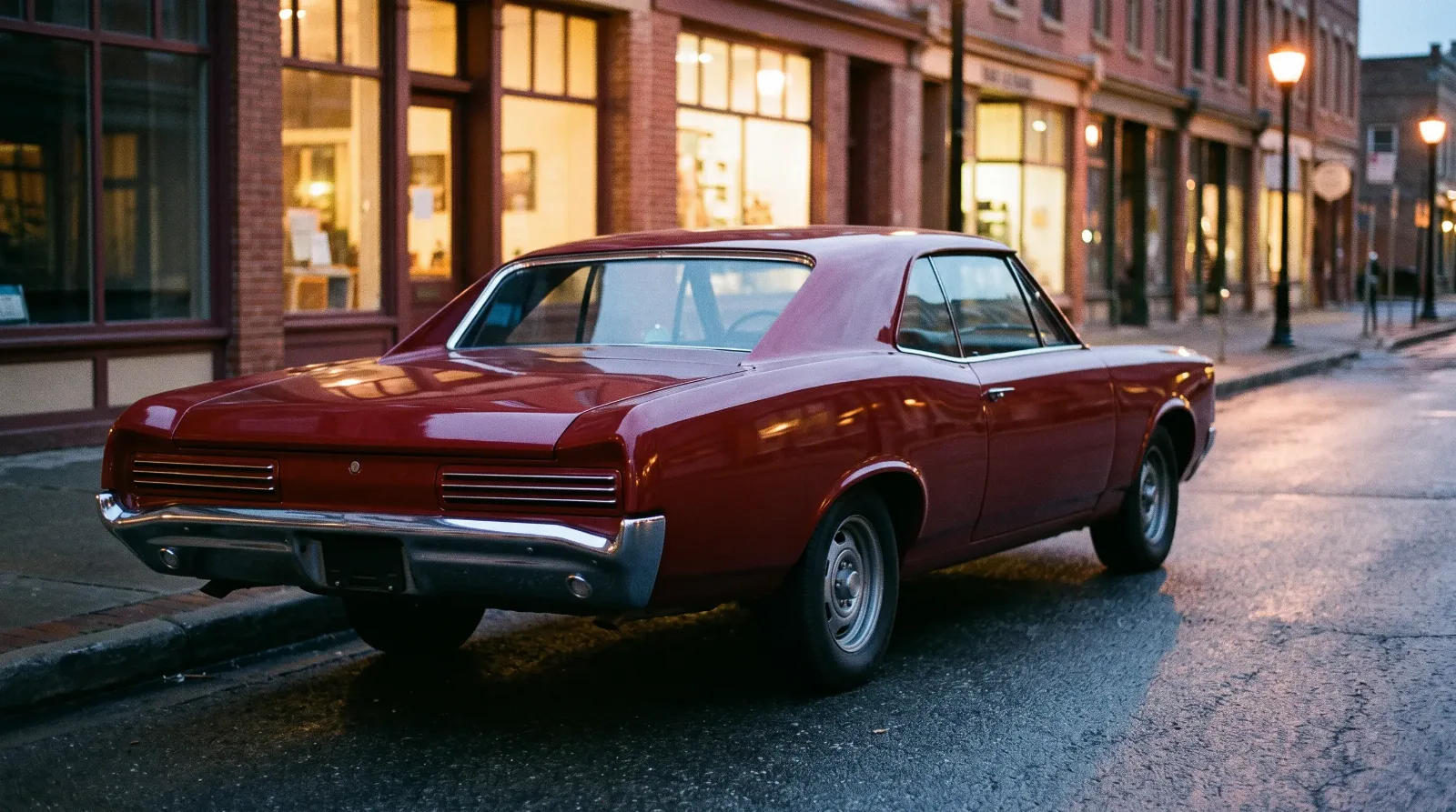 A city street at dusk with a 1966 Pontiac GTO hardtop parked at the kerb