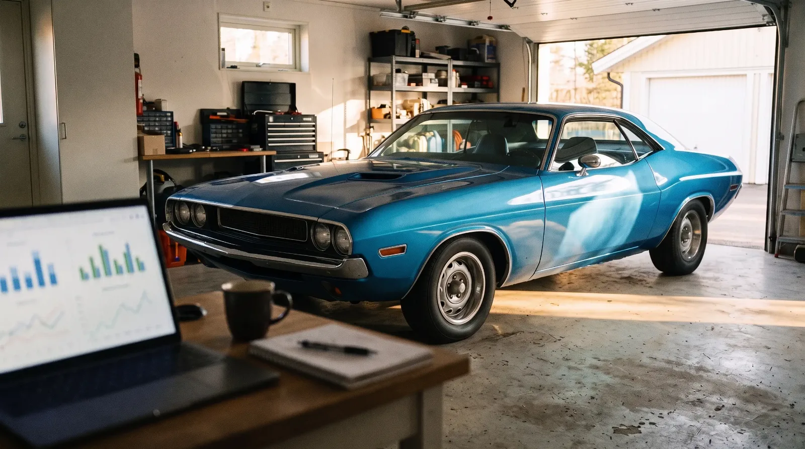 A home garage with a laptop and a 1970 Dodge Challenger R/T