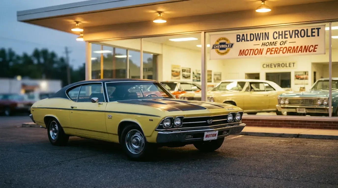 1969 Chevrolet Chevelle Baldwin-Motion Phase III — dealership lot at dusk
