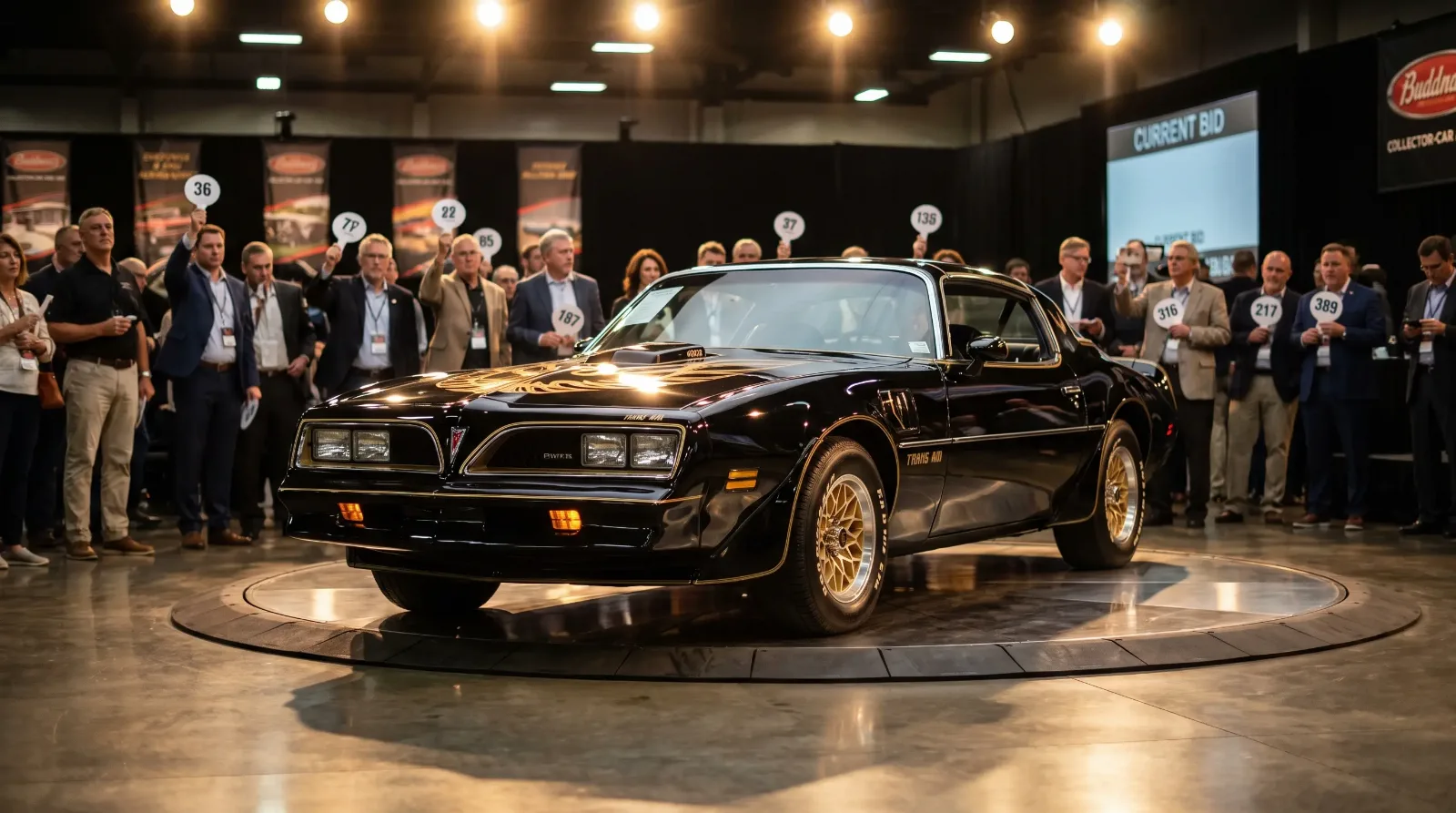 Black and gold 1977 Pontiac Trans Am on a rotating platform under auction hall lights