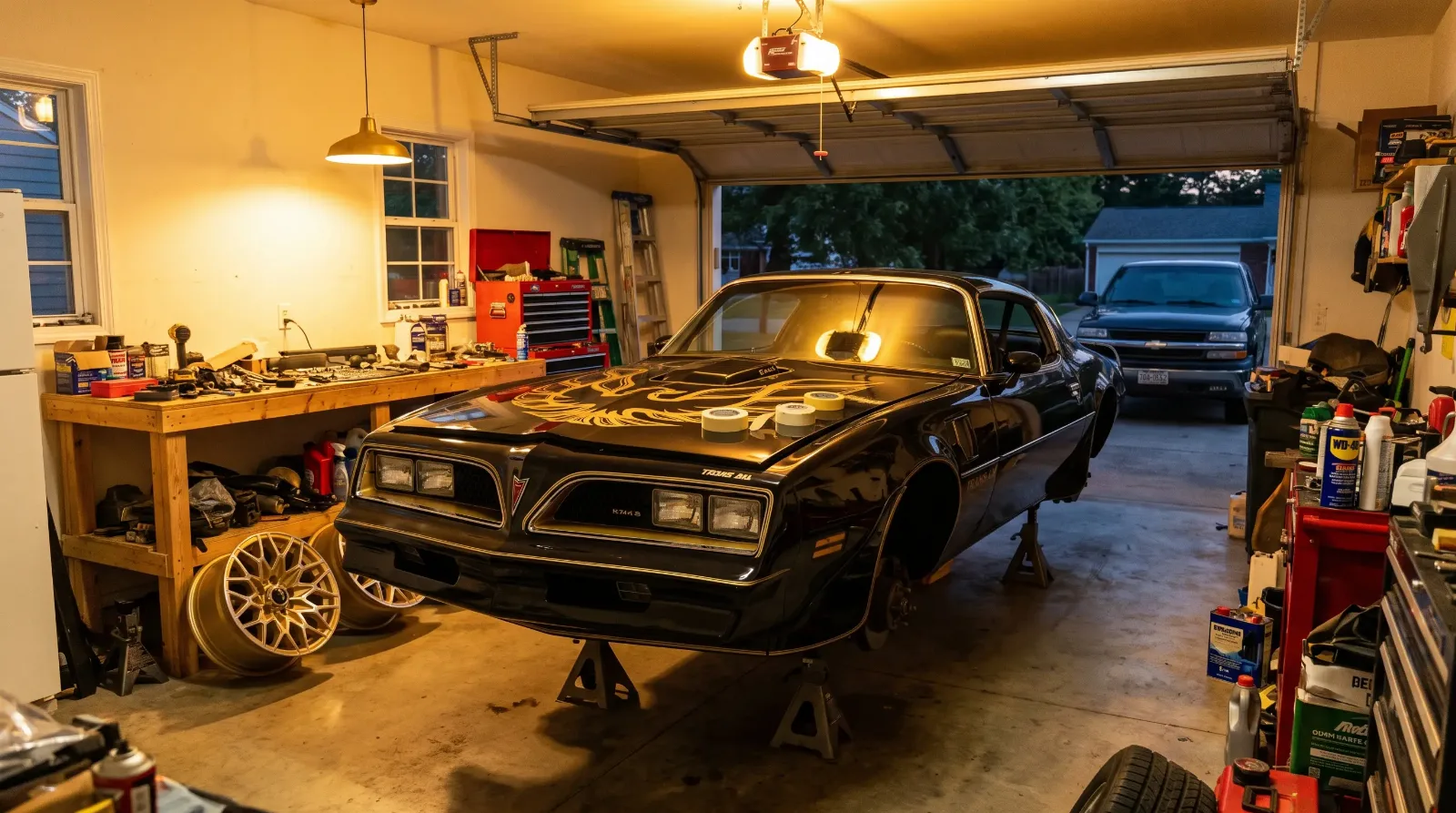 Black and gold tribute-built 1977 Trans Am on jack stands in a home garage mid-restoration with wheels and tools nearby