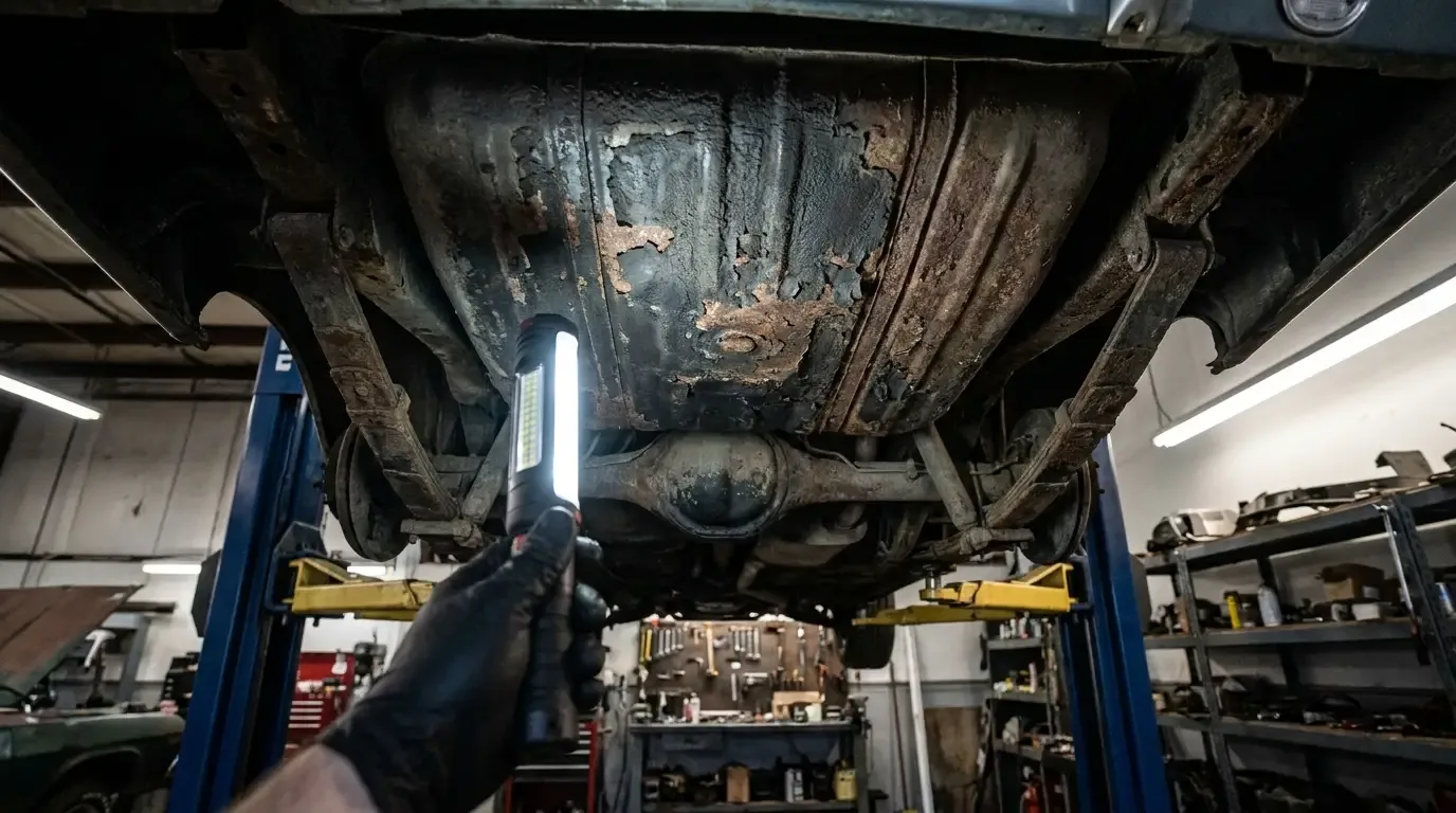 Classic Dodge Charger on a lift - rusty trunk floor and frame rail inspection