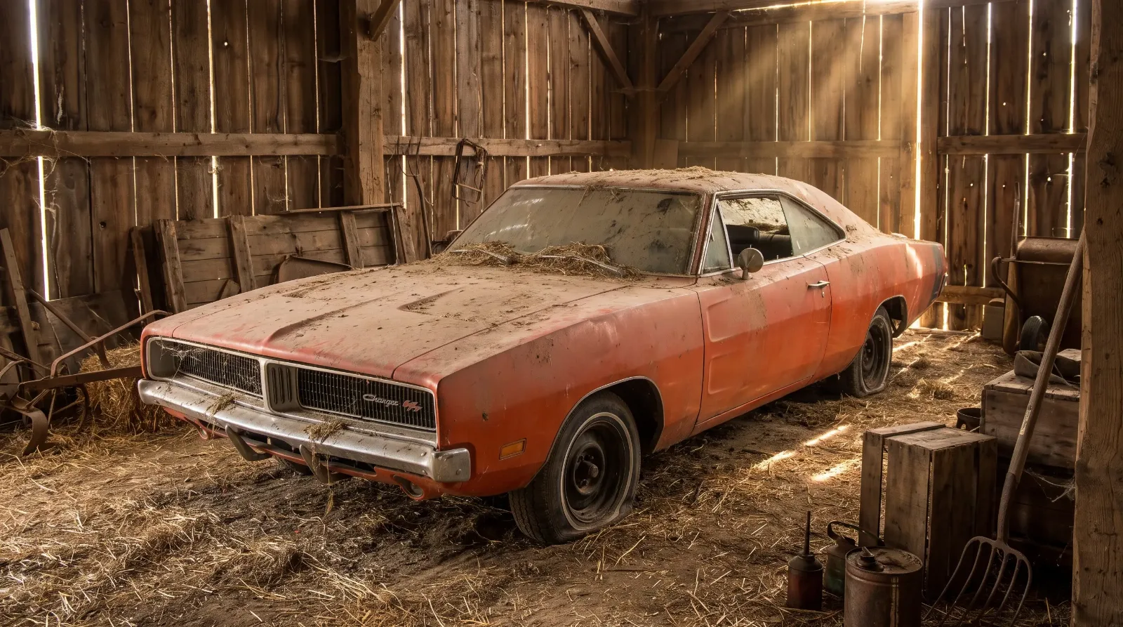 Dusty 1969 Dodge Charger barn find in an old wooden barn
