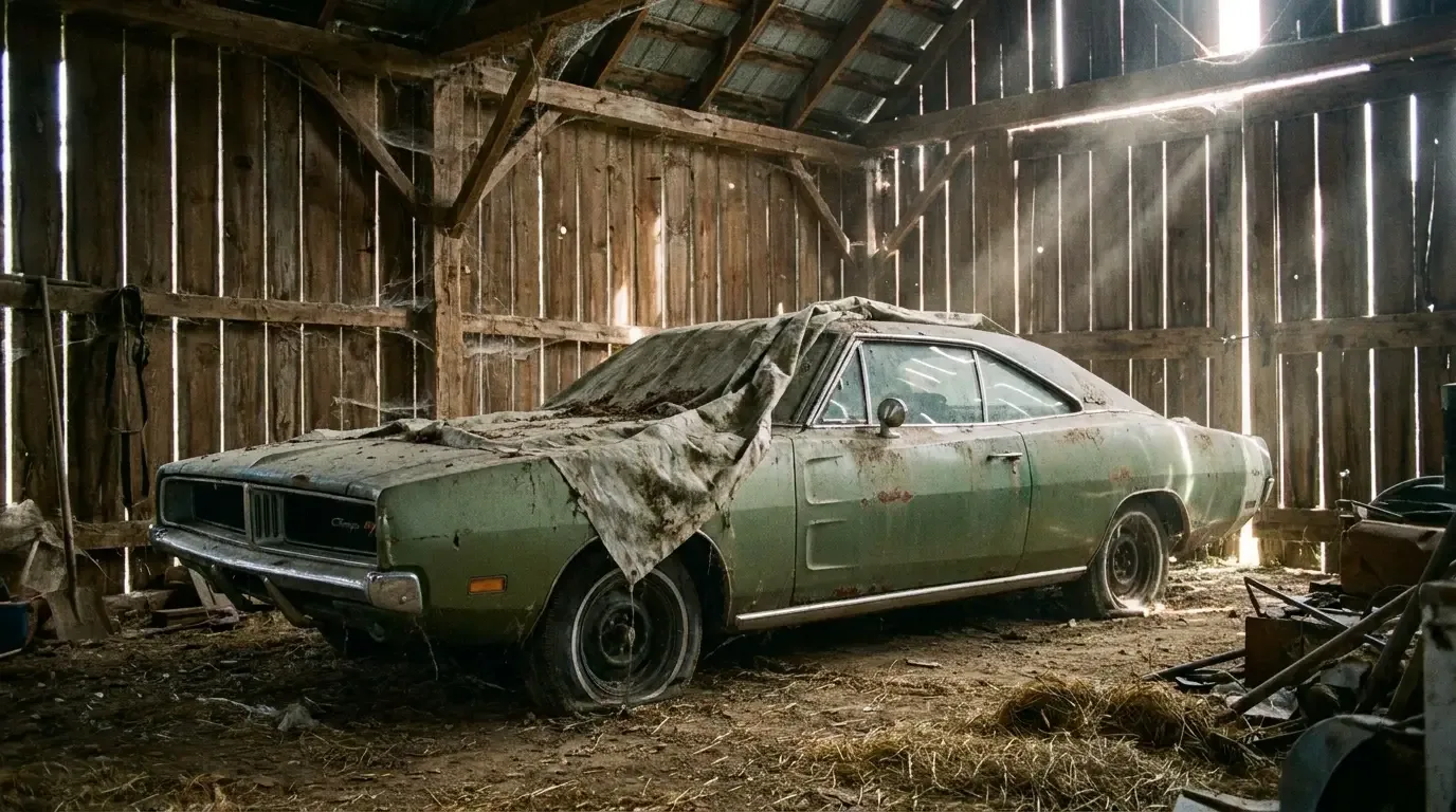 1969 Dodge Charger — dusty barn find under a tarp
