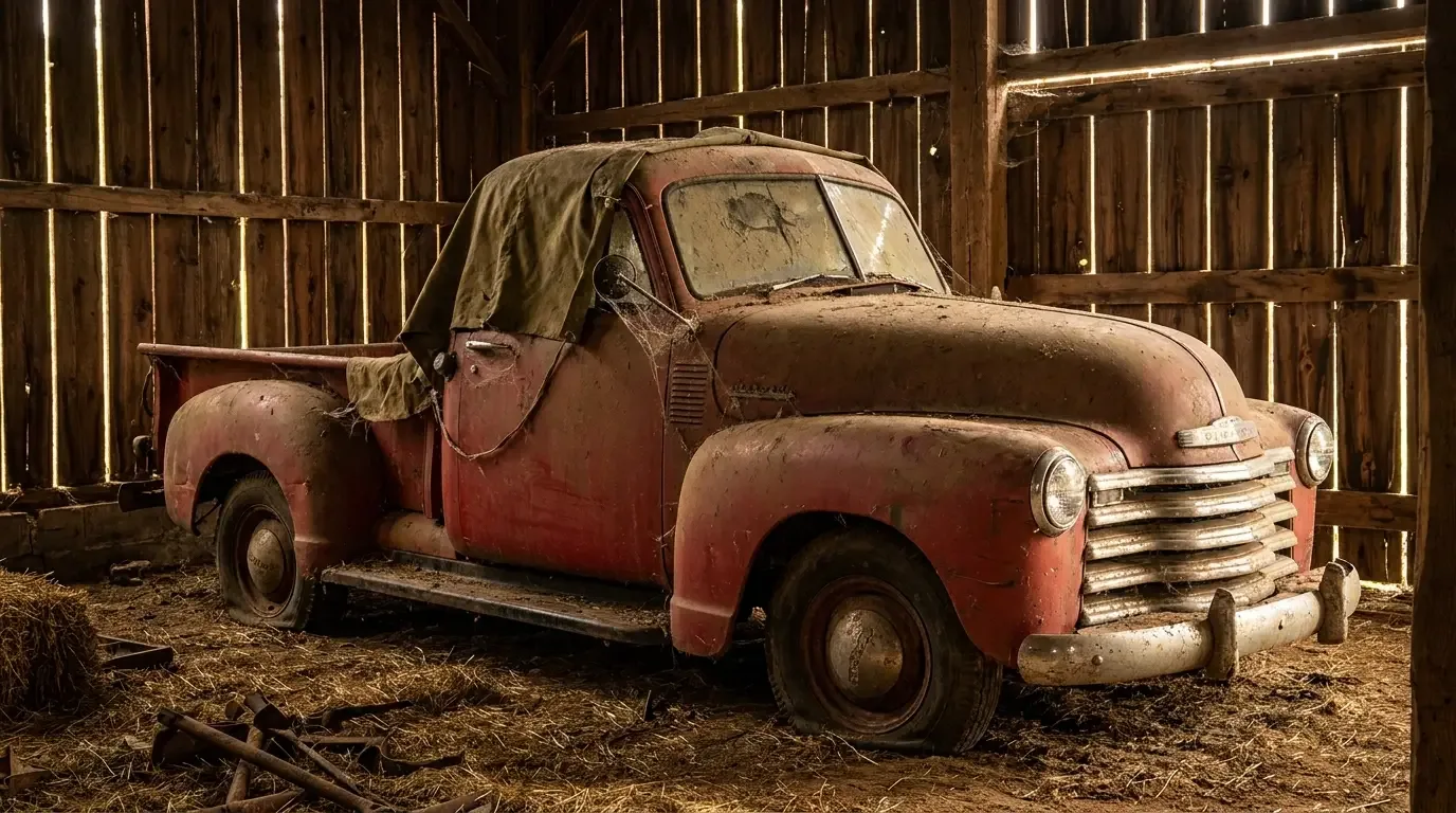 A dusty classic pickup truck long parked inside an old barn, shafts of light cutting through gaps in the plank walls and cobwebs across the mirror