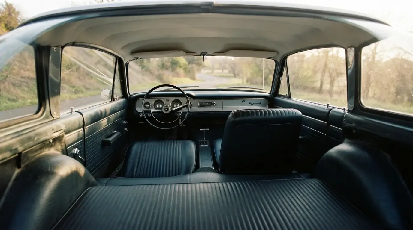 Interior of an early 1960s Plymouth Barracuda fastback cabin with bucket seats and curved rear glass