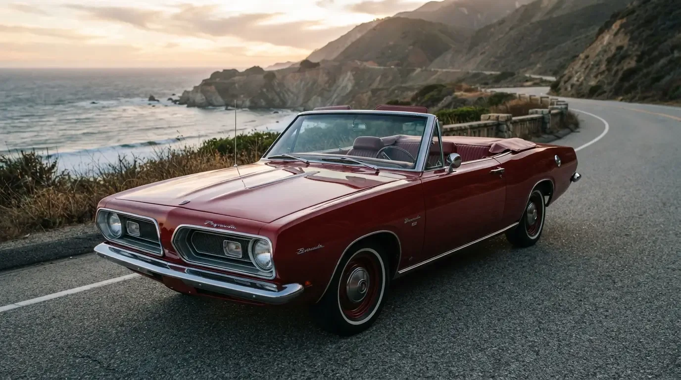 1967 Plymouth Barracuda convertible with top down, three-quarter front view