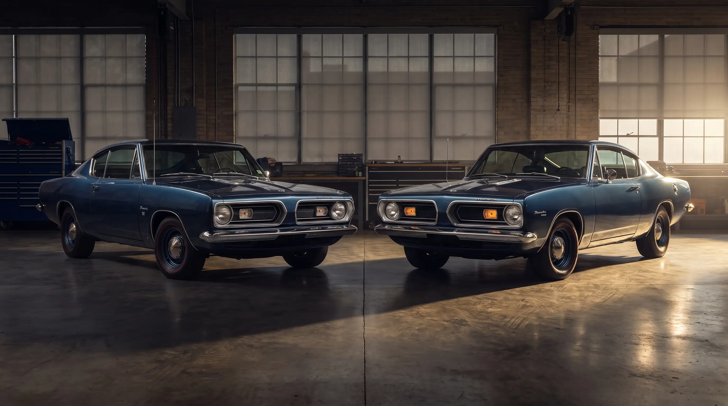 1967 and 1969 Plymouth Barracudas parked nose to nose in a studio garage