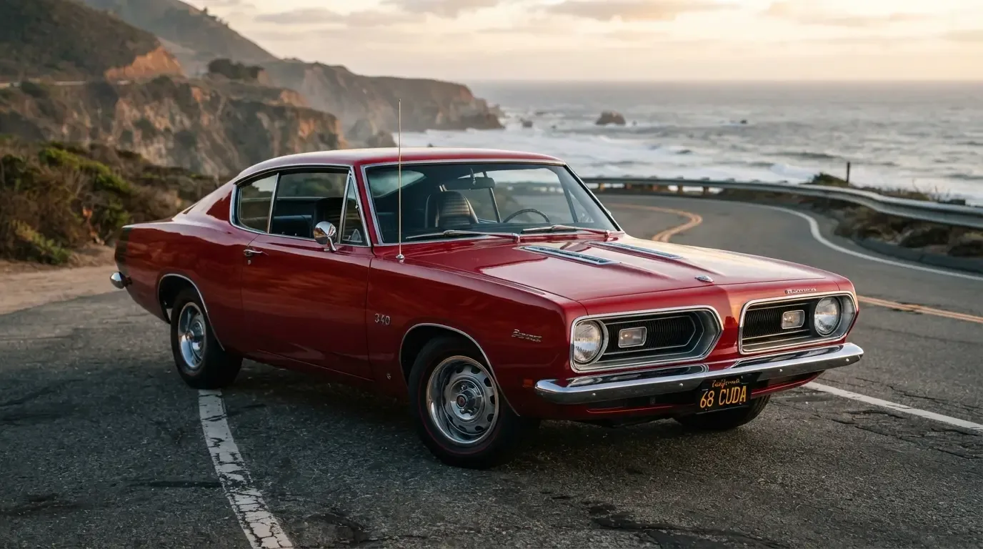 1968 Plymouth Barracuda fastback with the 340 cubic inch V8, three-quarter front view