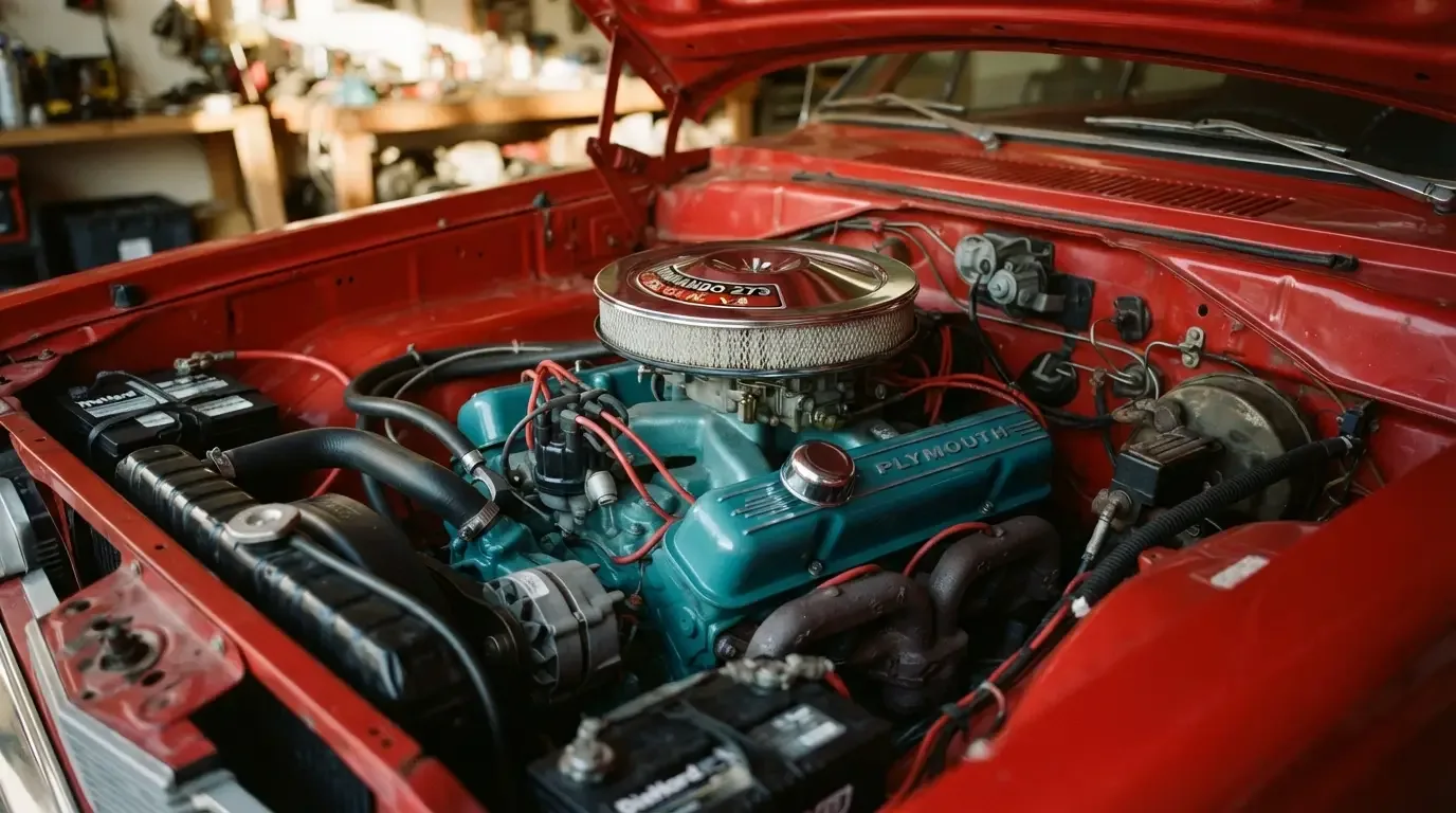 Plymouth Barracuda 273 V8 engine bay close-up