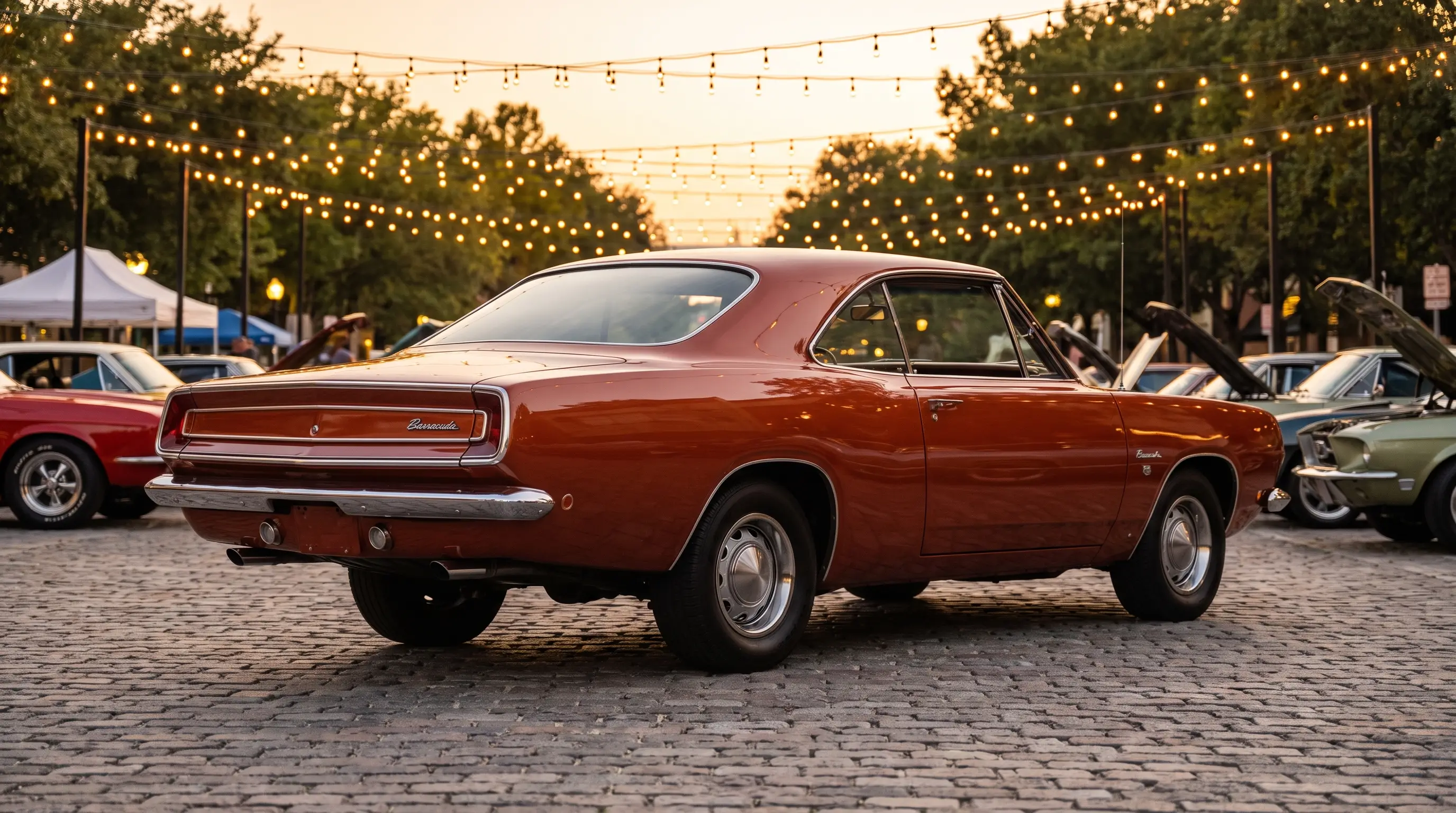Burnt orange 1968 Barracuda notchback at an evening car show under string lights