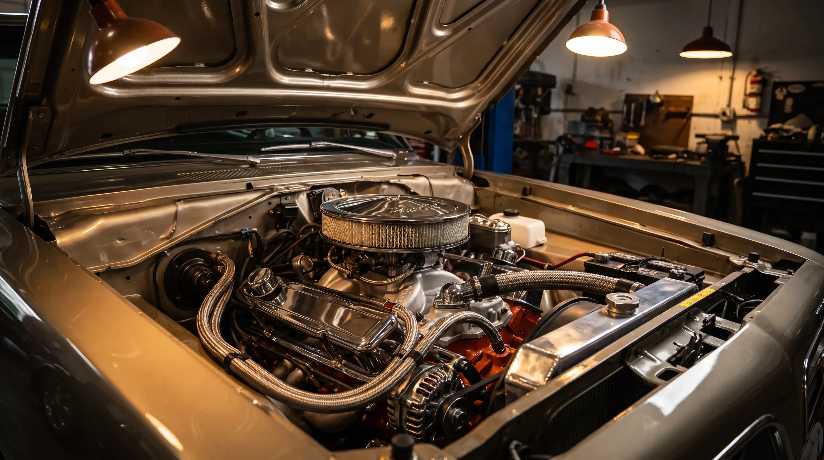 Detailed big block 383 V8 engine bay of a 1968 Plymouth Barracuda