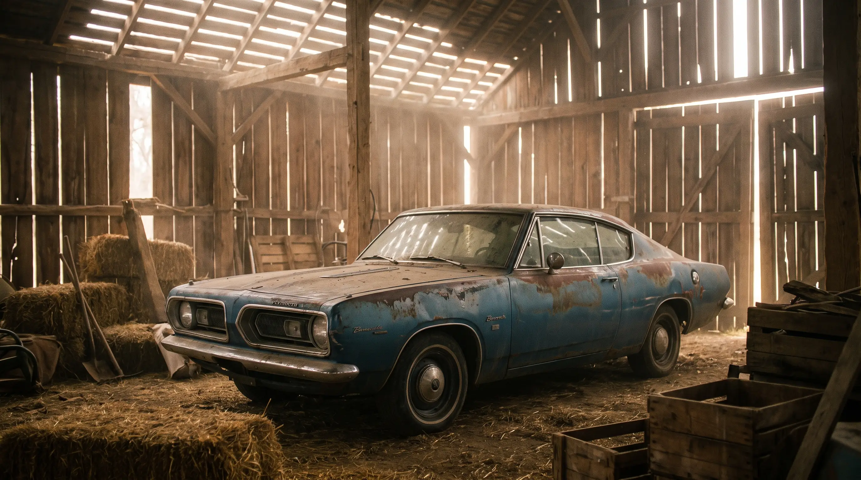 Weathered second generation Plymouth Barracuda parked alone in a dusty old barn