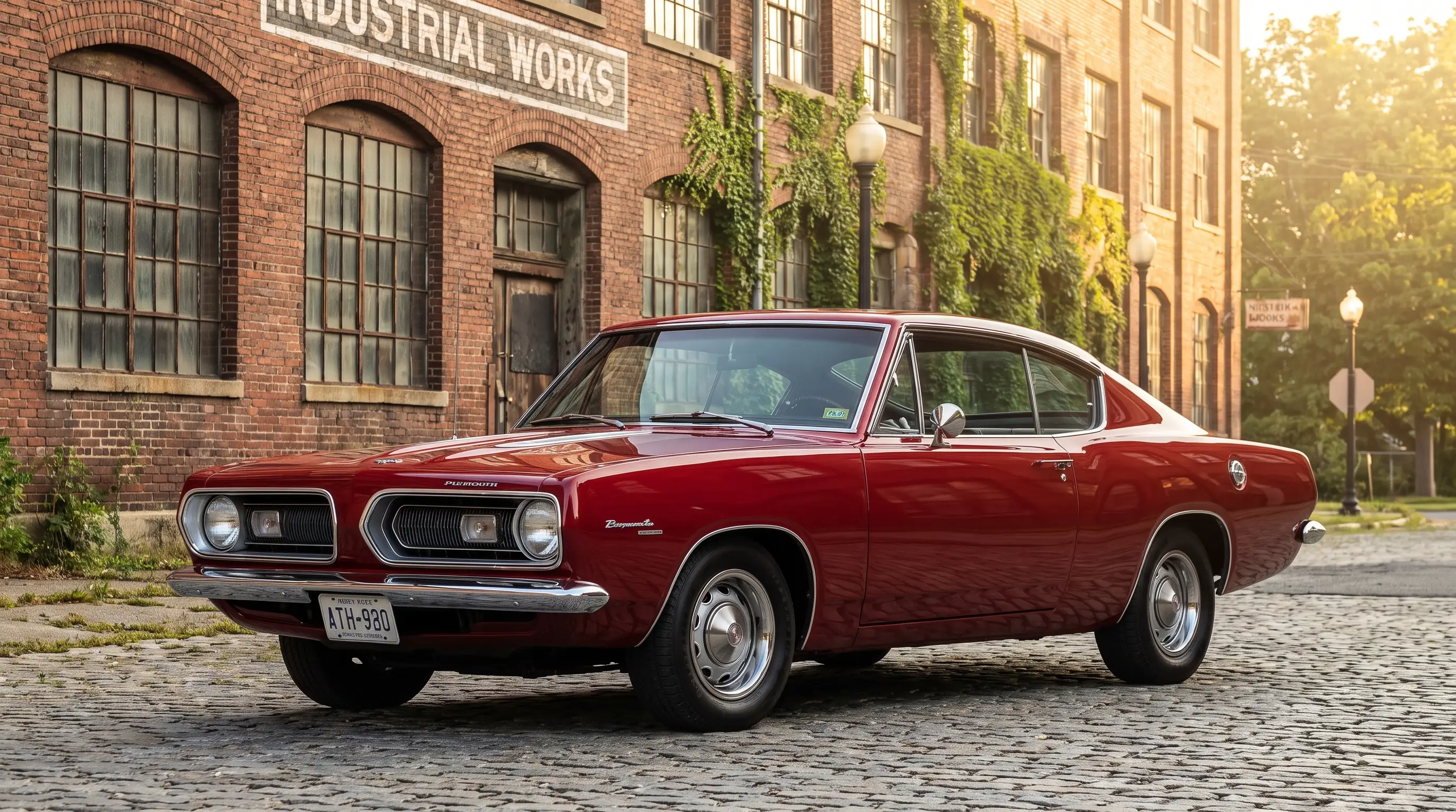 Restored 1967 Plymouth Barracuda notchback in candy red by an old brick factory