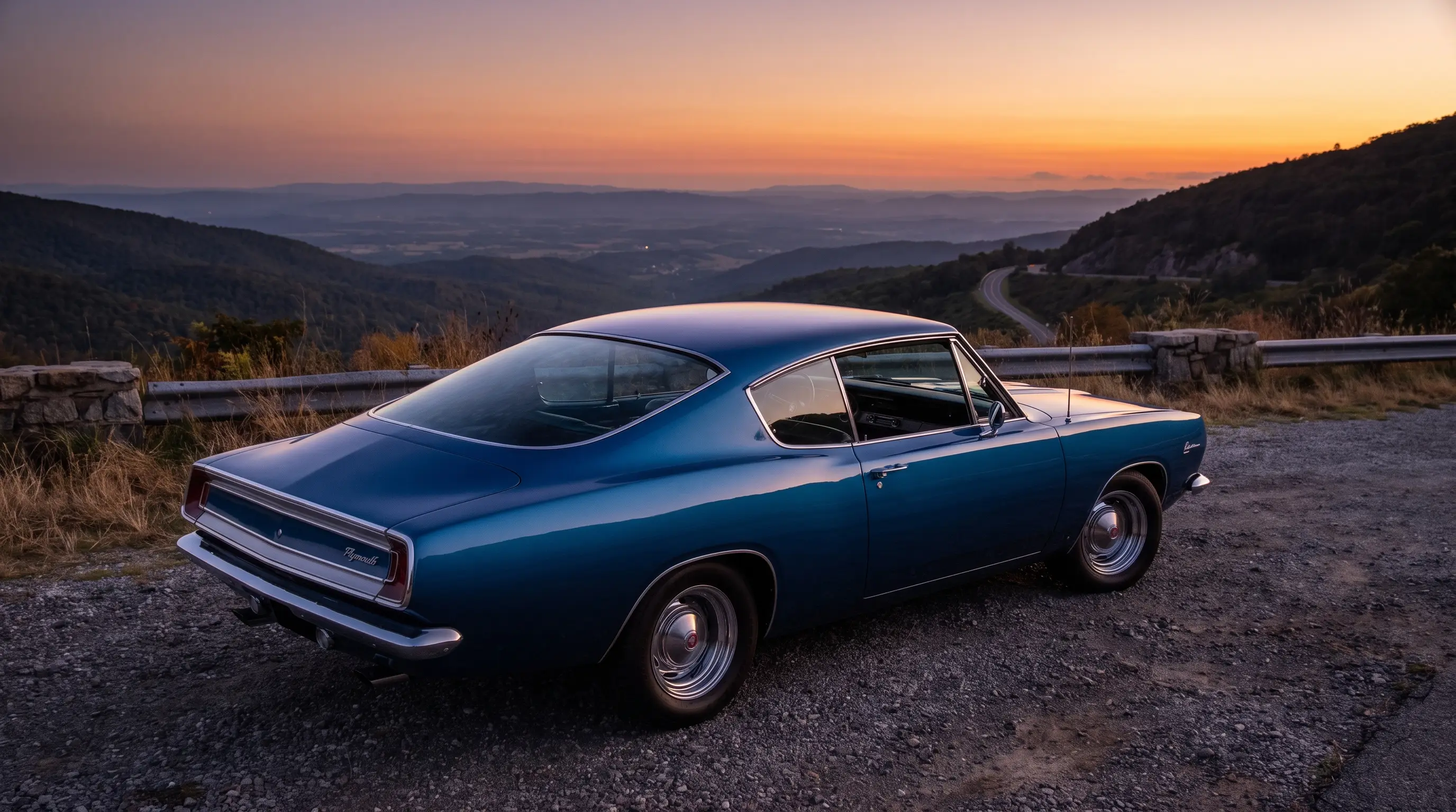 1968 Plymouth Barracuda fastback in deep metallic blue at a scenic overlook at dusk