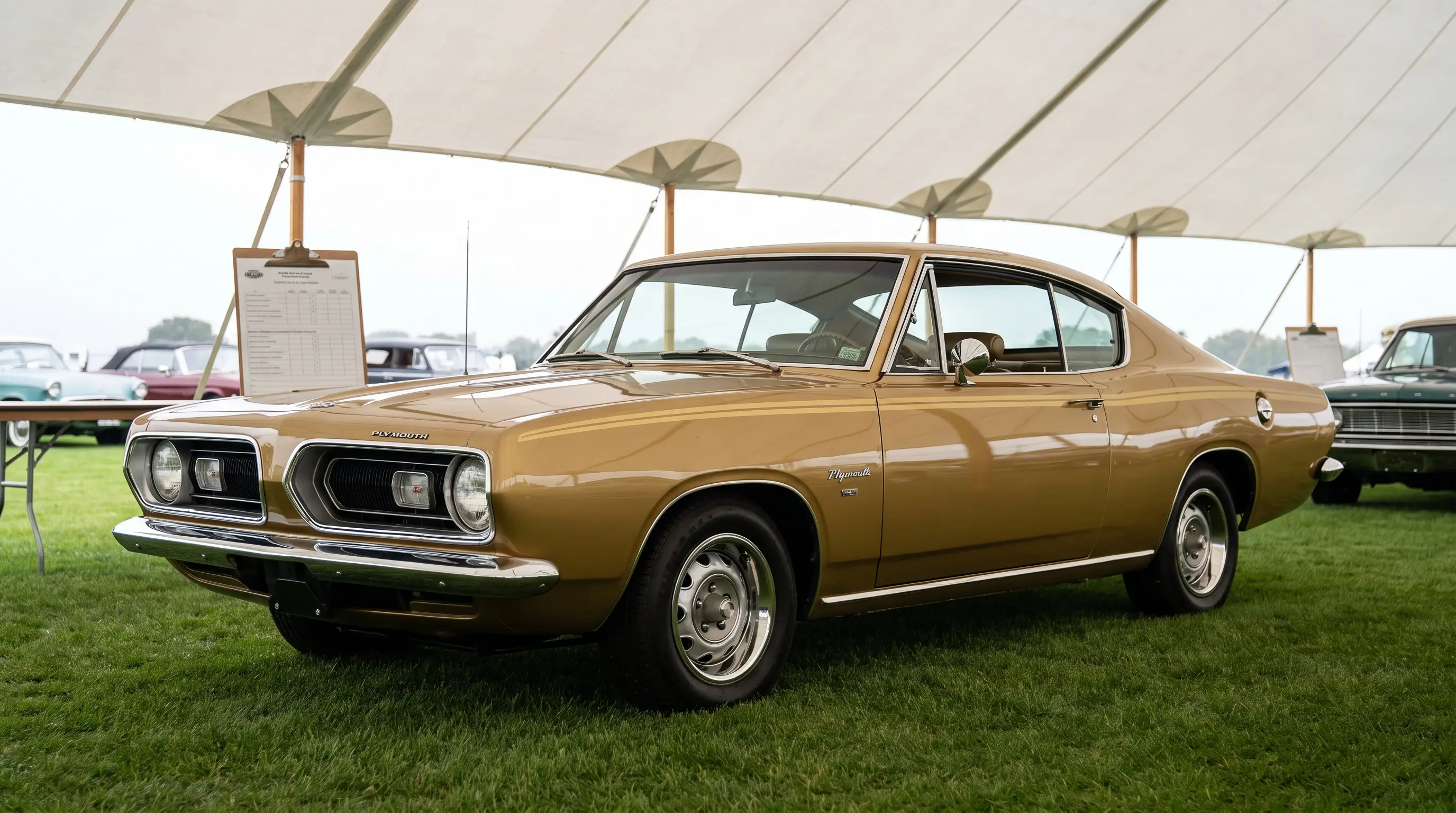 Gold 1969 Plymouth Barracuda fastback on display at a classic car show