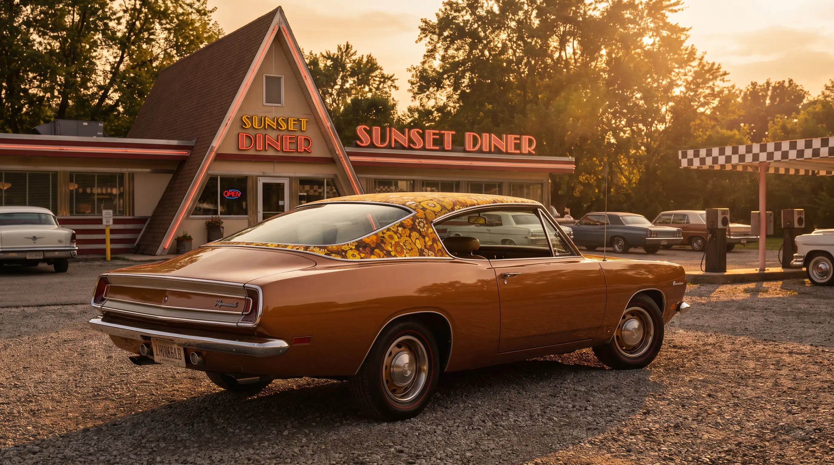 Plymouth Barracuda with floral Mod Top roof outside a retro drive in diner at sunset