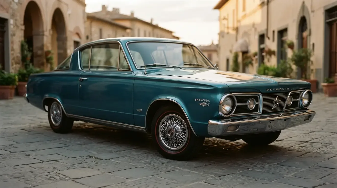 1964 Plymouth Barracuda fastback with fish emblem badge, front three-quarter view