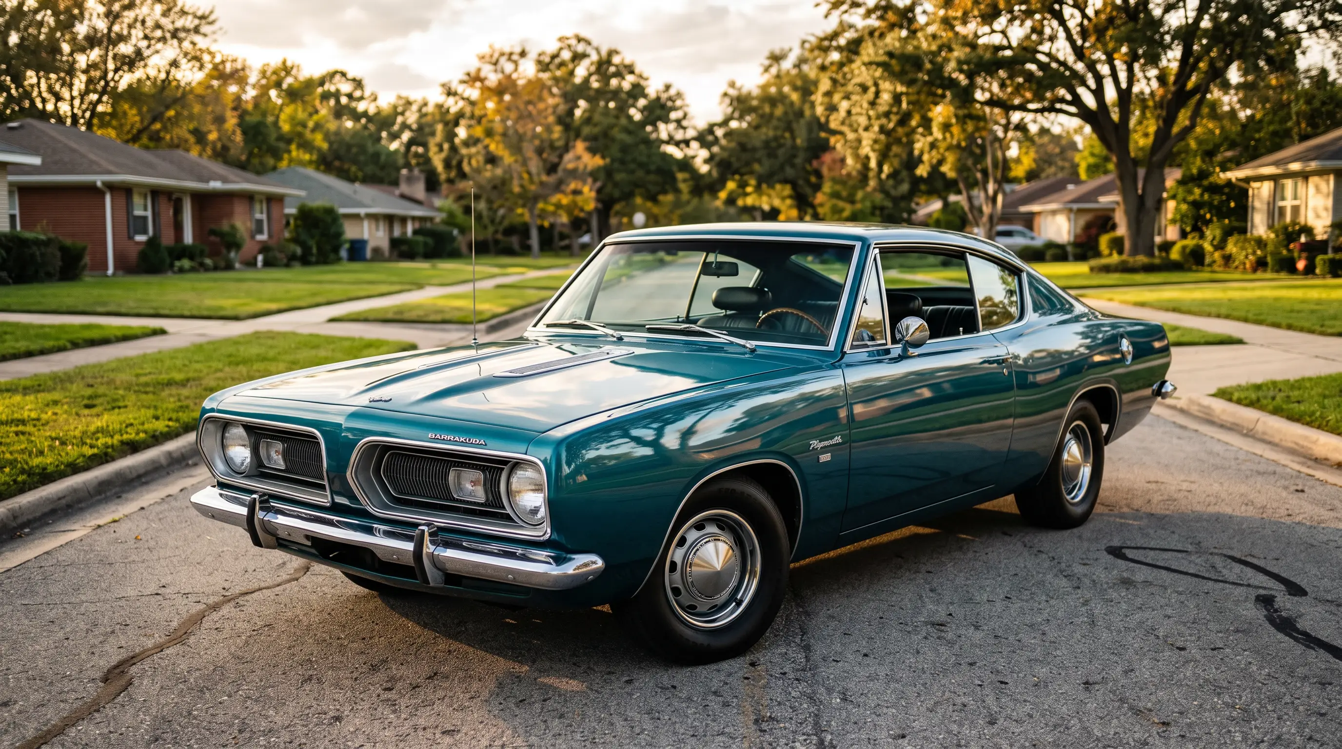 1968 Plymouth Barracuda notchback in teal parked on a suburban street at golden hour