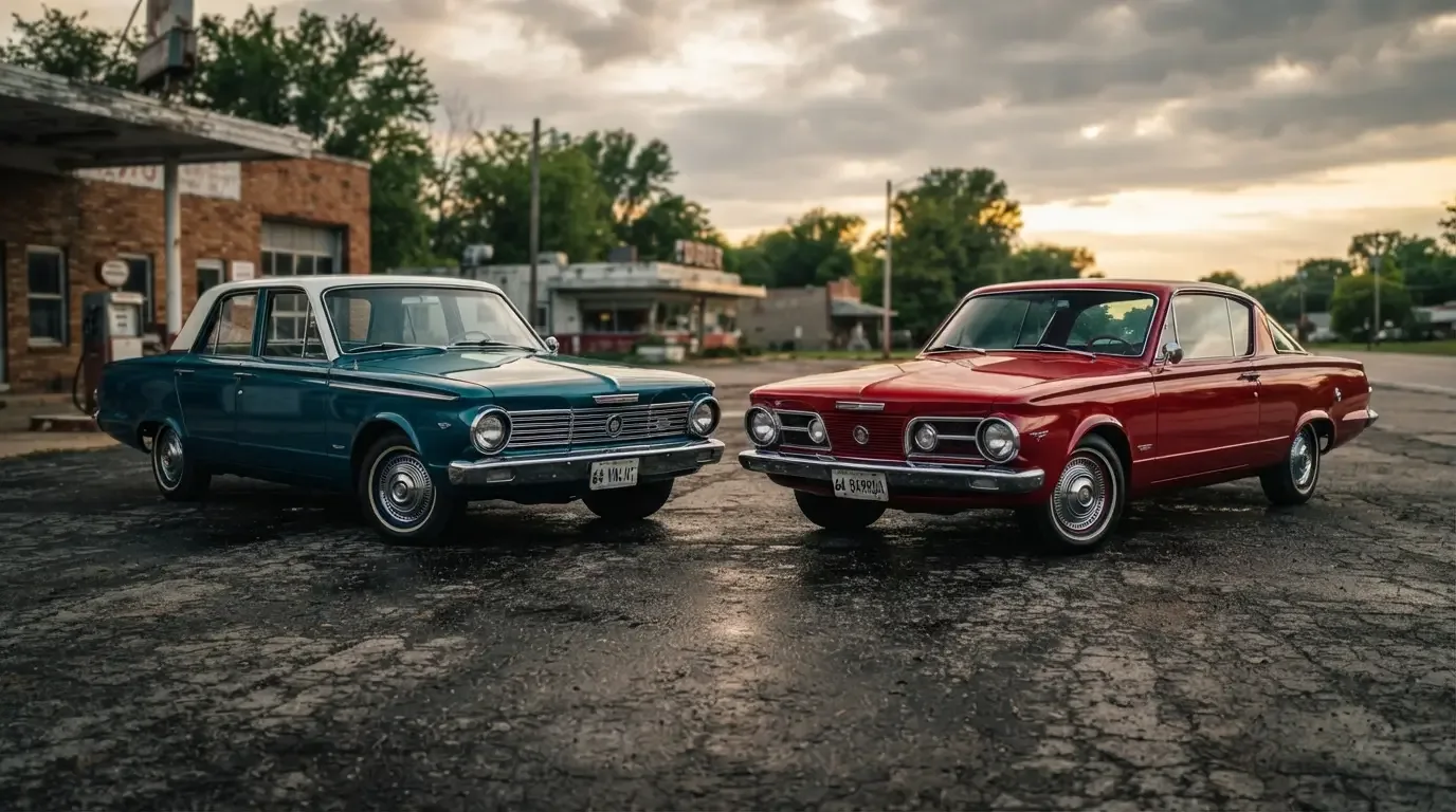 1964 Plymouth Valiant and Barracuda side by side, shared A-body platform