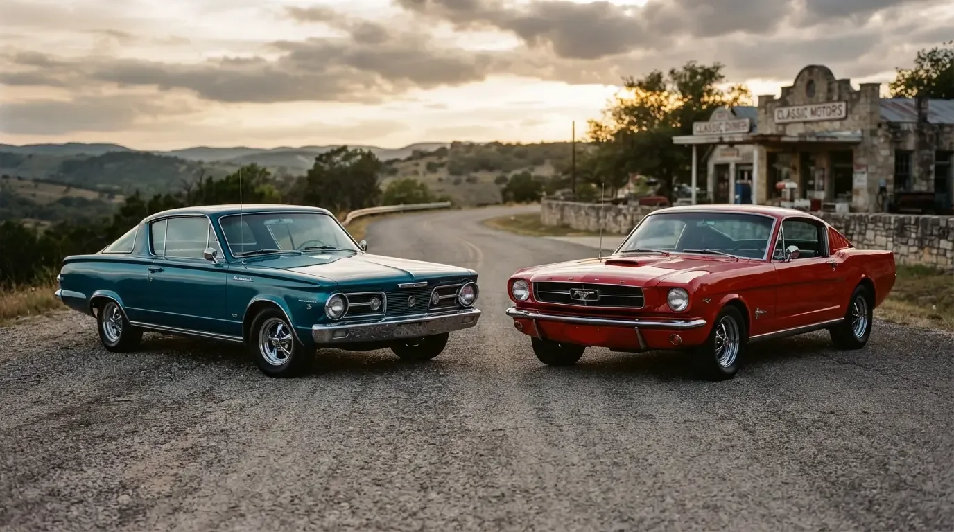 1965 Plymouth Barracuda fastback parked beside a 1965 Ford Mustang, three-quarter front view