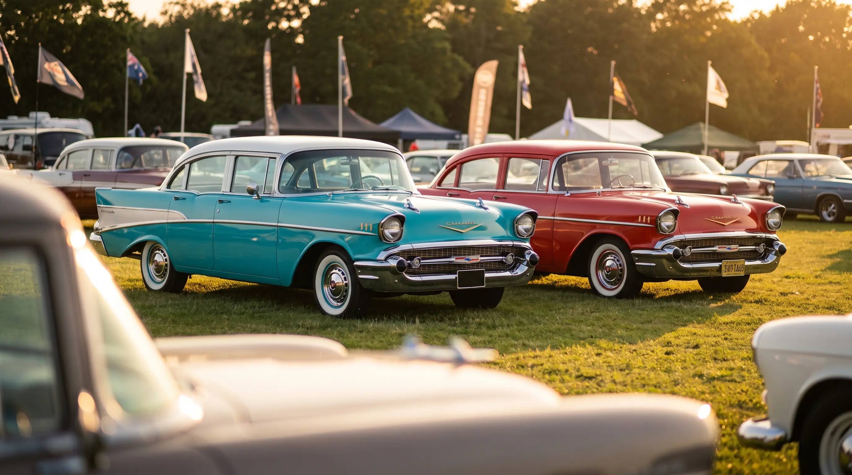 1957 Chevrolet 150 and 210 sedans parked together at a classic car club show