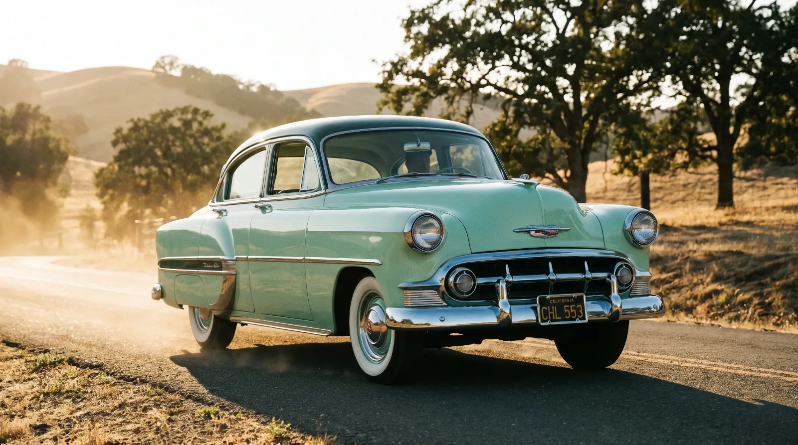 1953 Chevrolet Bel Air sedan, three-quarter front view, cinematic editorial hero photo