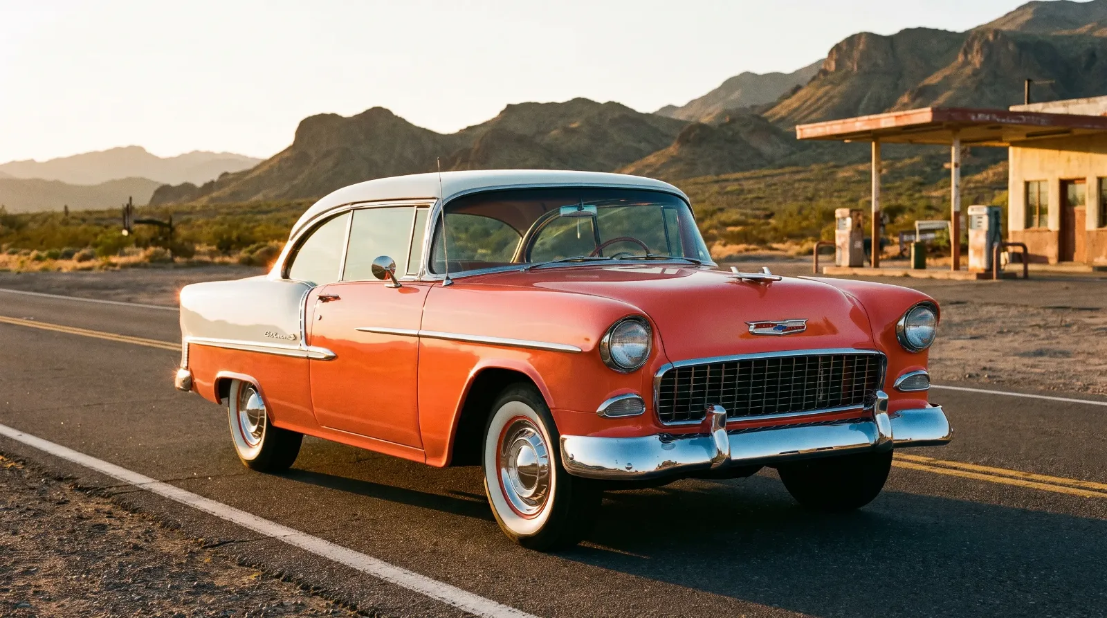 Coral and white two-tone 1955 Chevrolet Bel Air, three-quarter front view