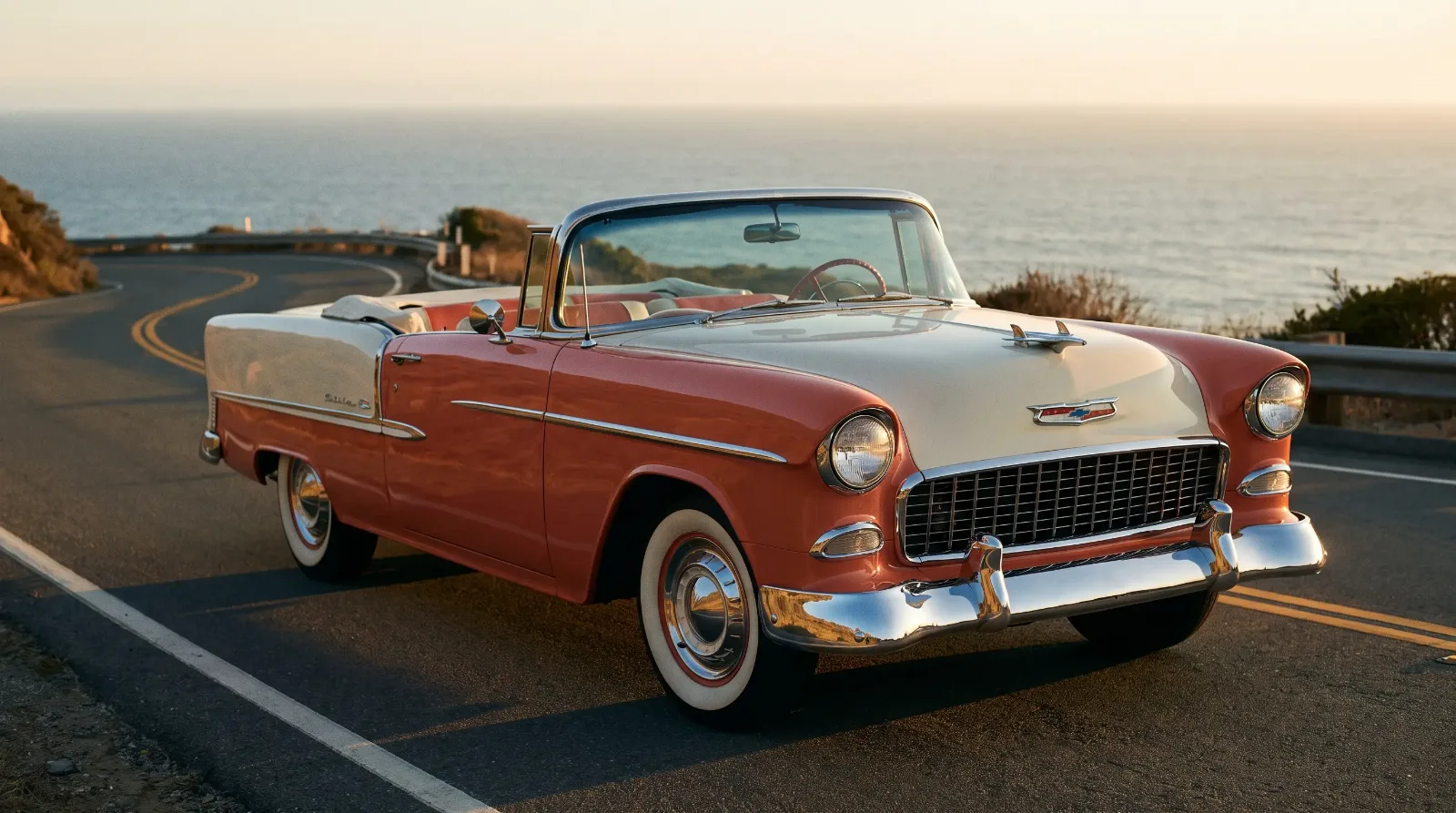 1955 Chevrolet Bel Air convertible with top down, three-quarter front view