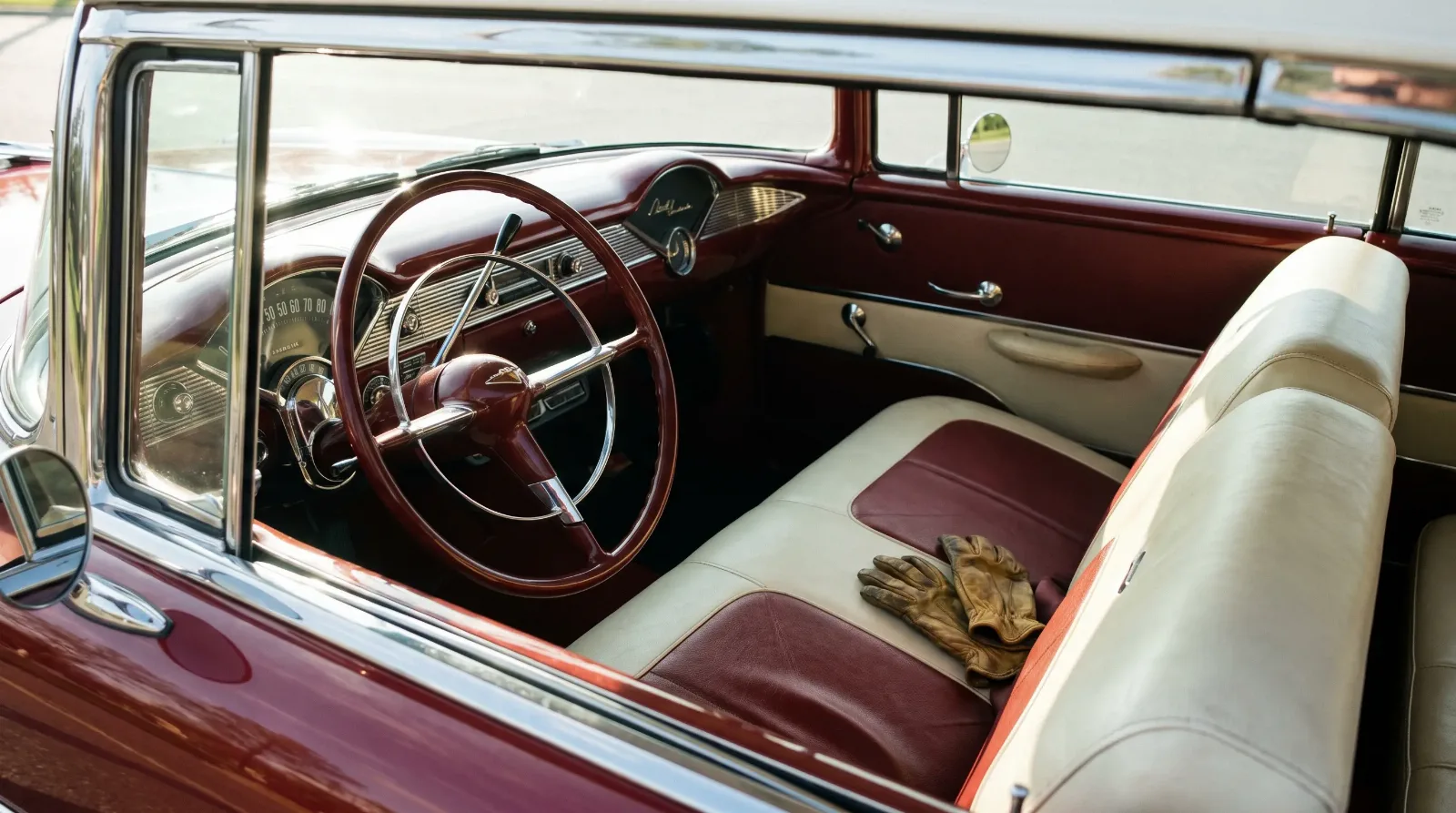 1955 Chevrolet Bel Air interior dashboard and two-tone upholstery