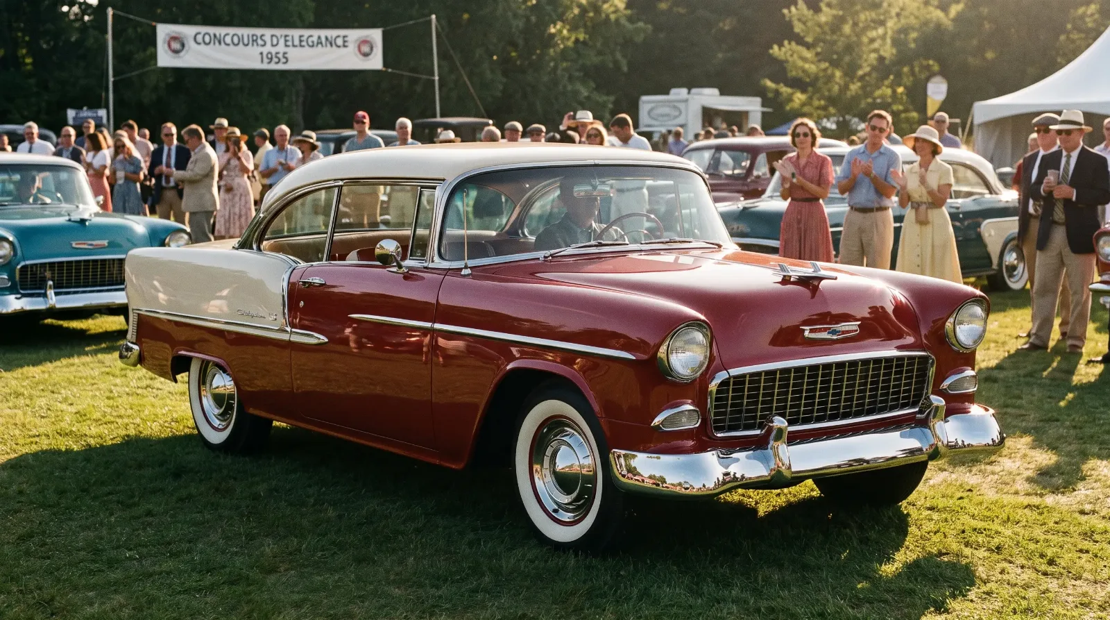 Pristine restored 1955 Chevrolet Bel Air at a classic car show, three-quarter front view