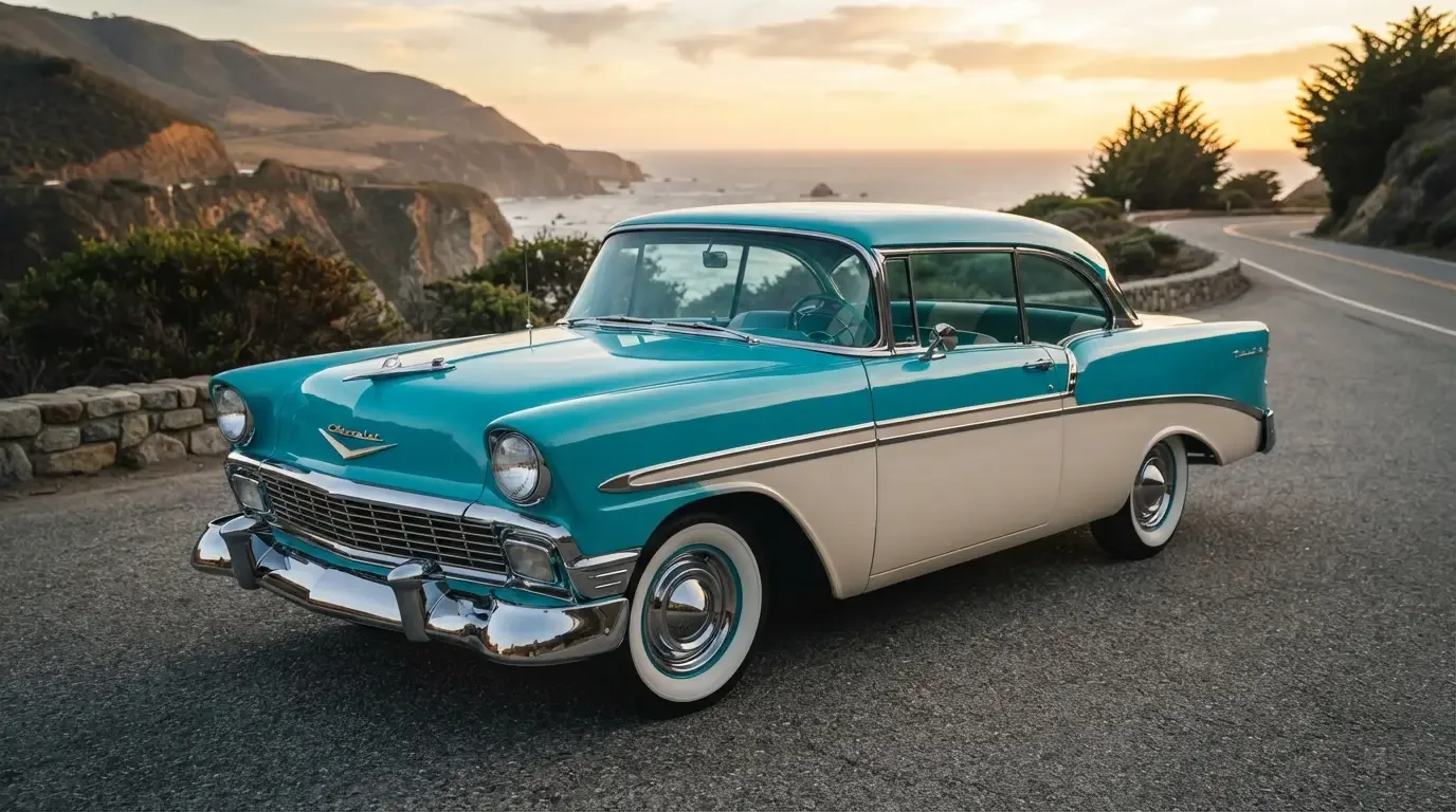 1956 Chevrolet Bel Air two-door hardtop in classic two-tone paint, three-quarter front view