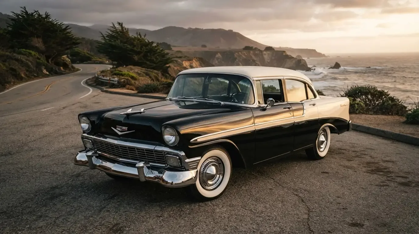 1956 Chevrolet Bel Air sedan, three-quarter front view, factory-era styling