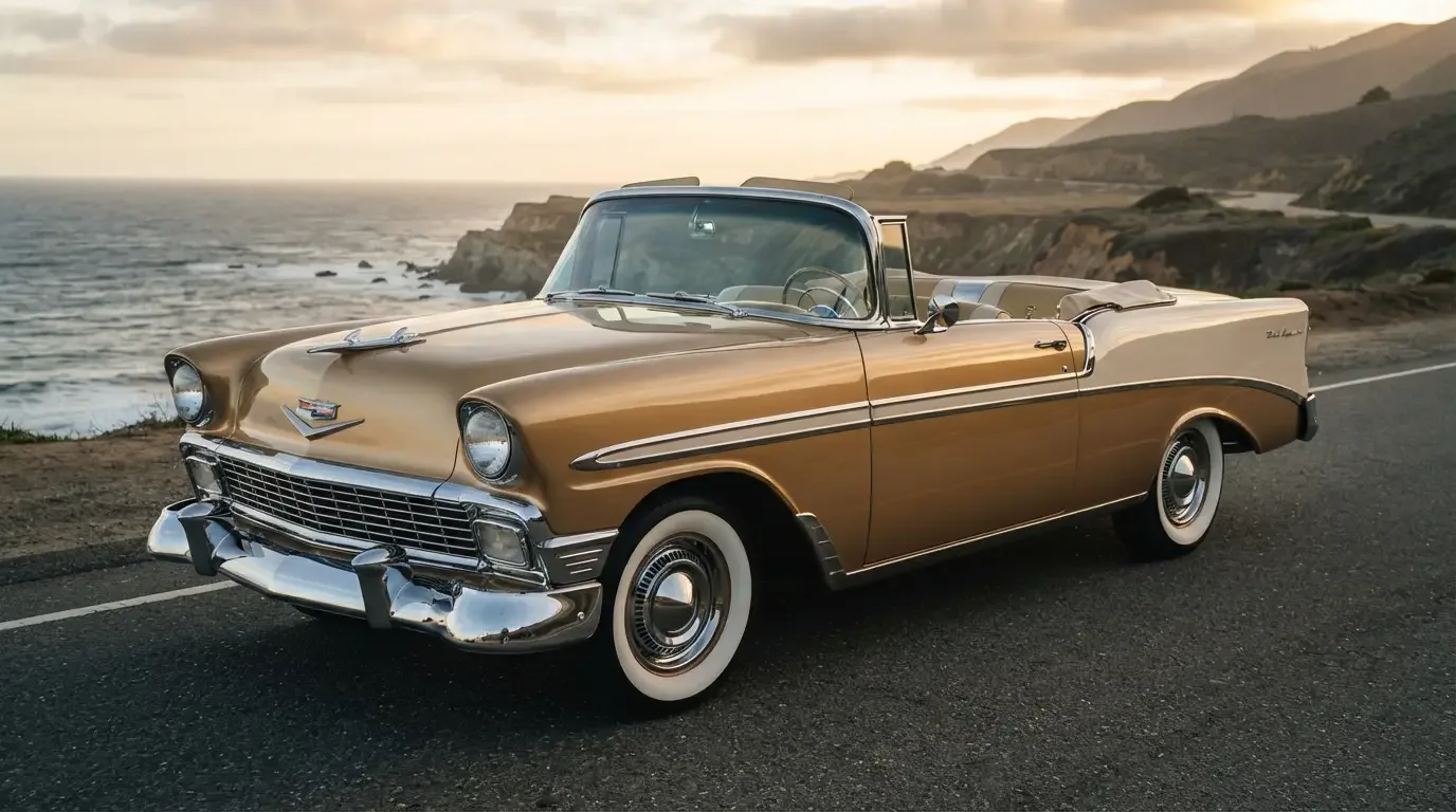 Pristine restored 1956 Chevrolet Bel Air convertible, three-quarter front view