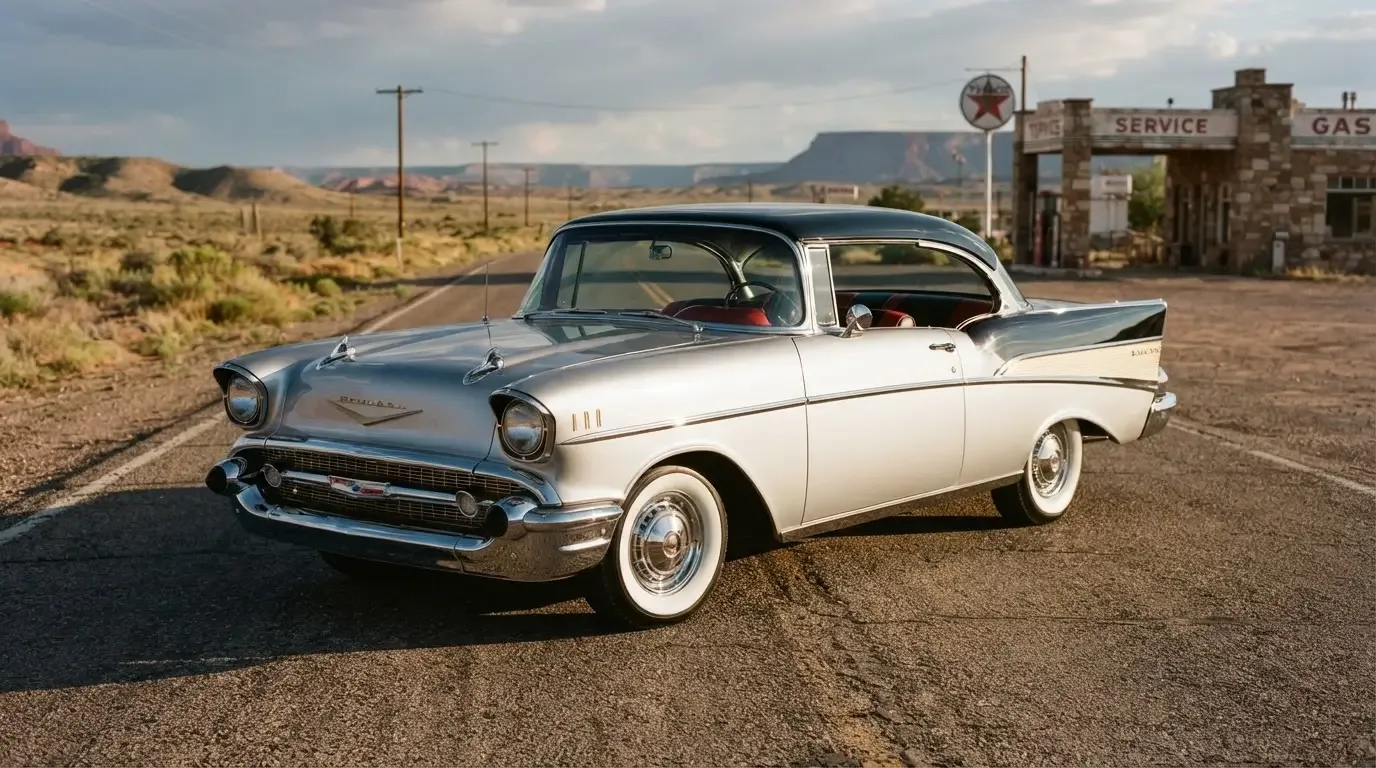 1957 Chevrolet Bel Air hardtop in classic two-tone paint, three-quarter front view