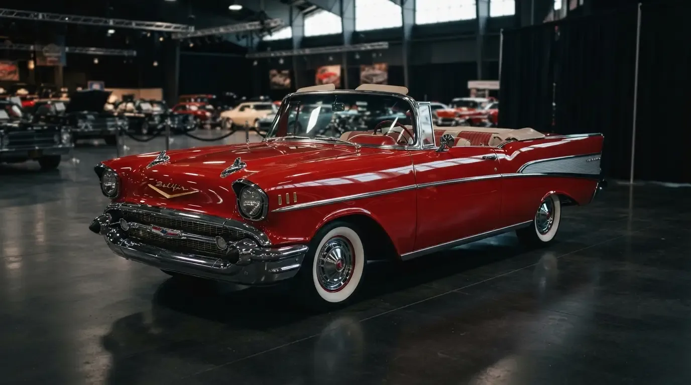 1957 Chevrolet Bel Air Convertible with top down at a classic car auction