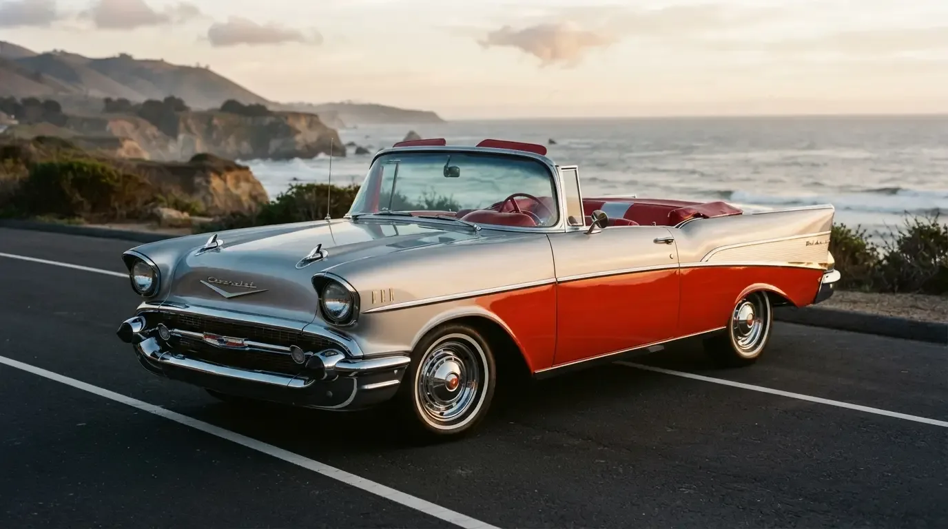1957 Chevrolet Bel Air convertible with top down, three-quarter front view